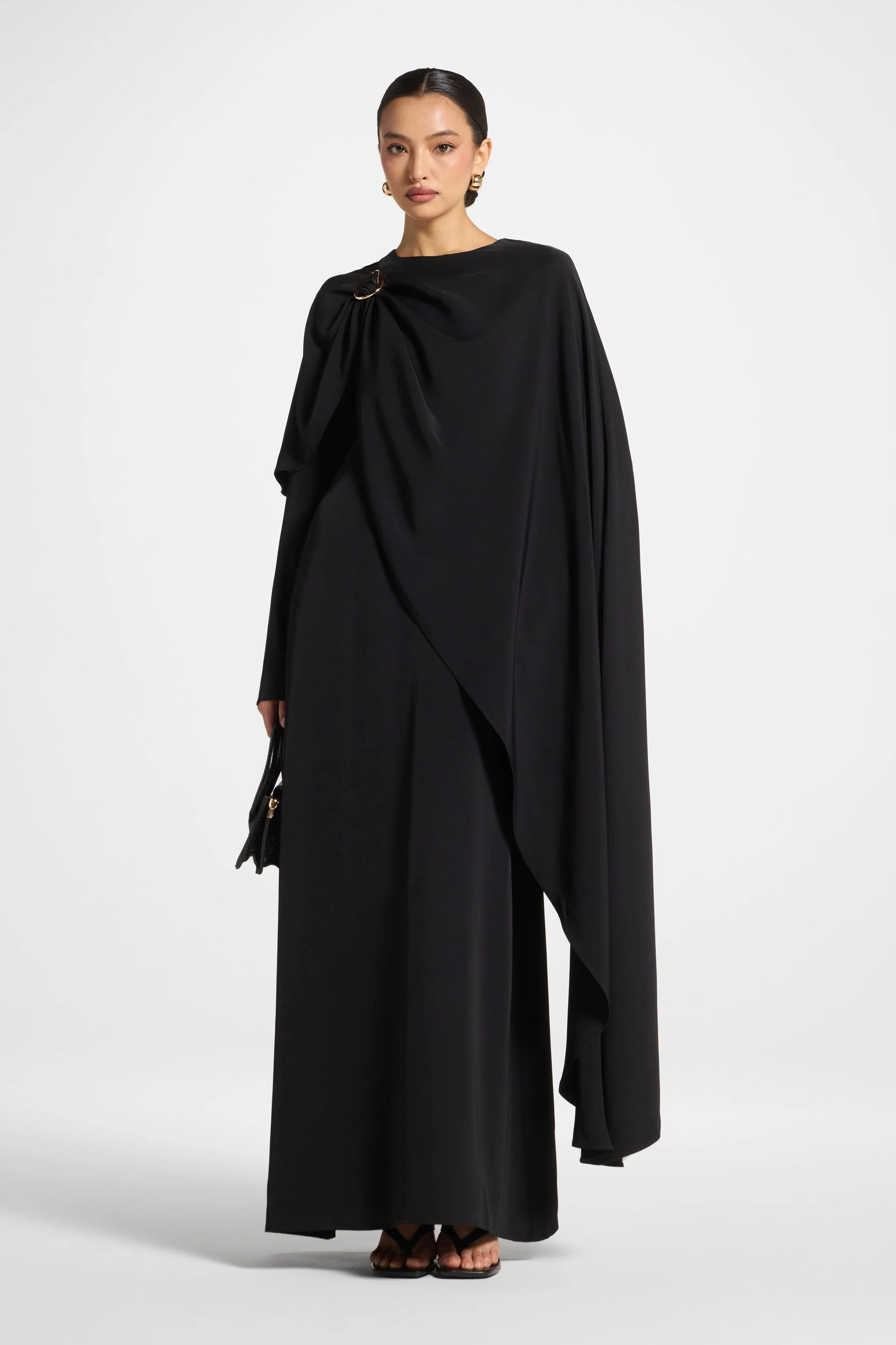 Asymmetric Cape Maxi Dress - Black