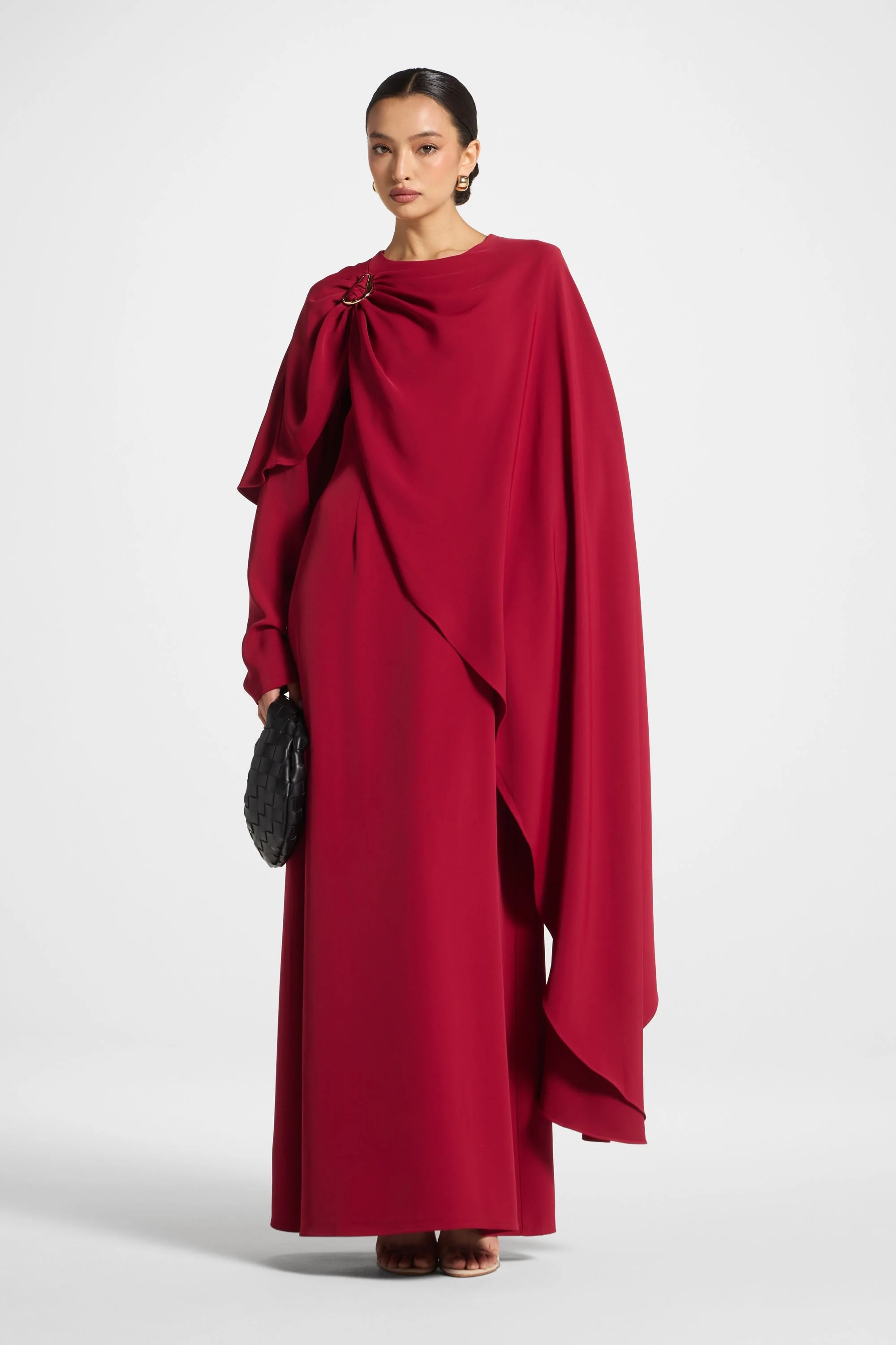 Asymmetric Cape Maxi Dress - Cherry