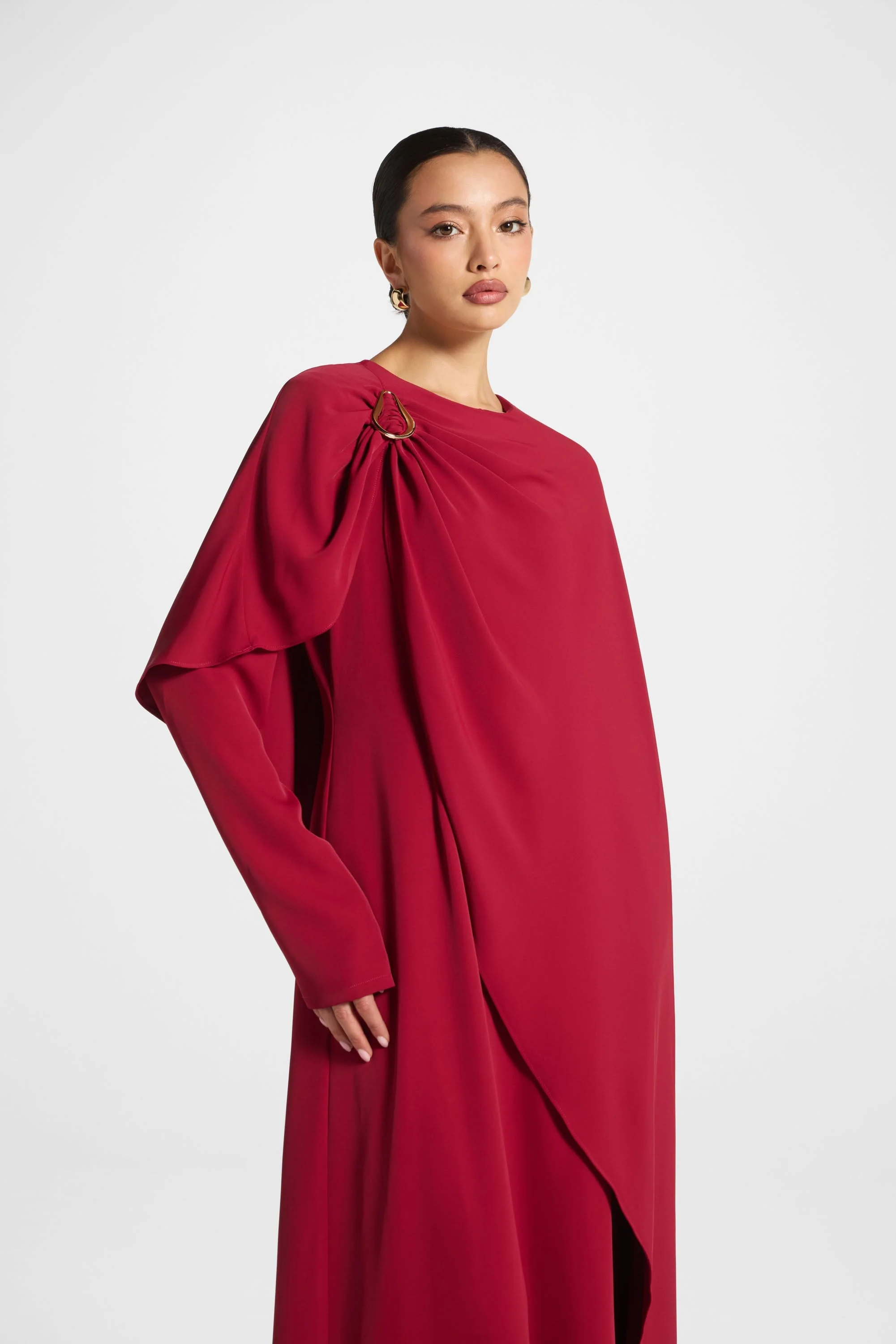 Asymmetric Cape Maxi Dress - Cherry - Image 3