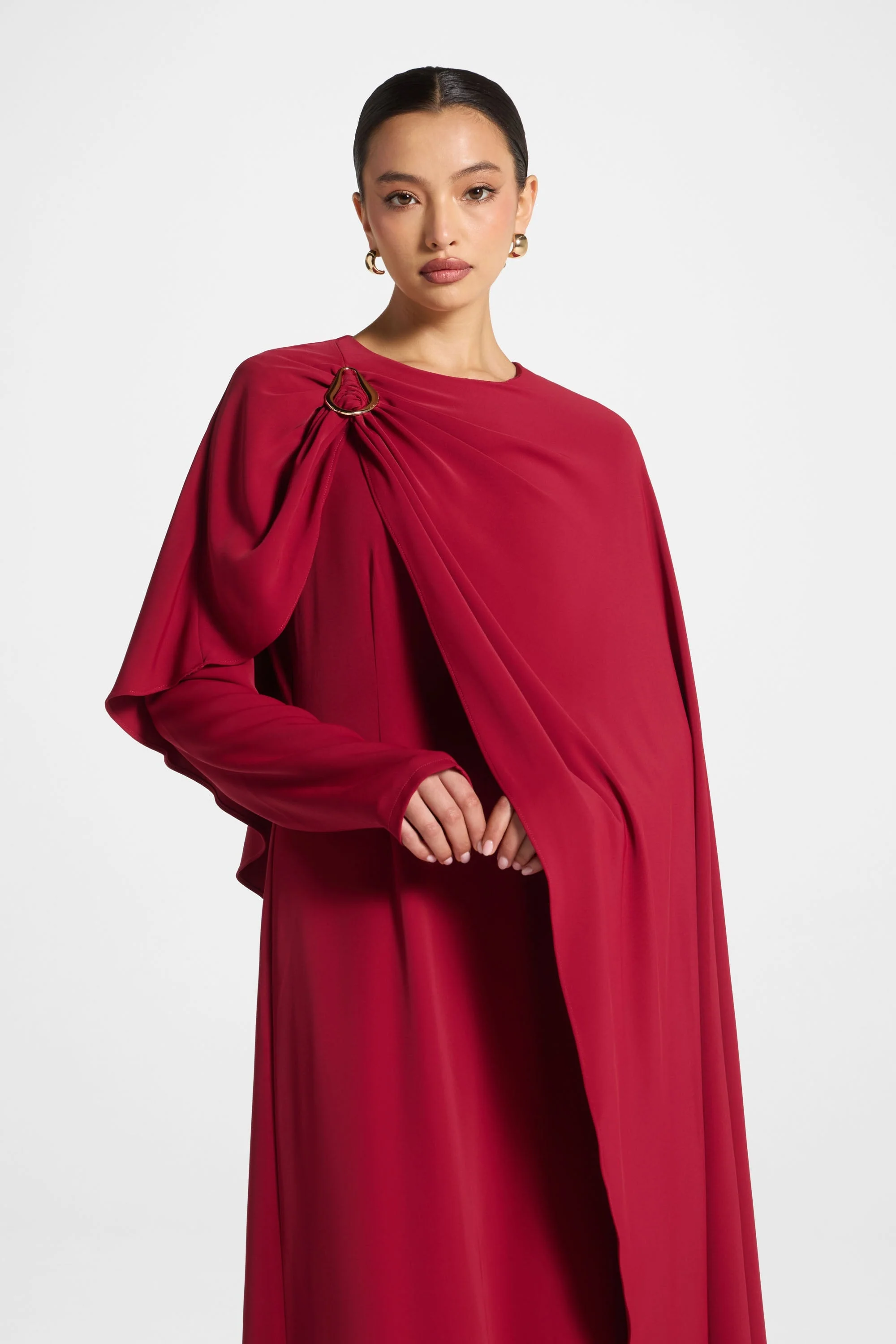 Asymmetric Cape Maxi Dress - Cherry - Image 7