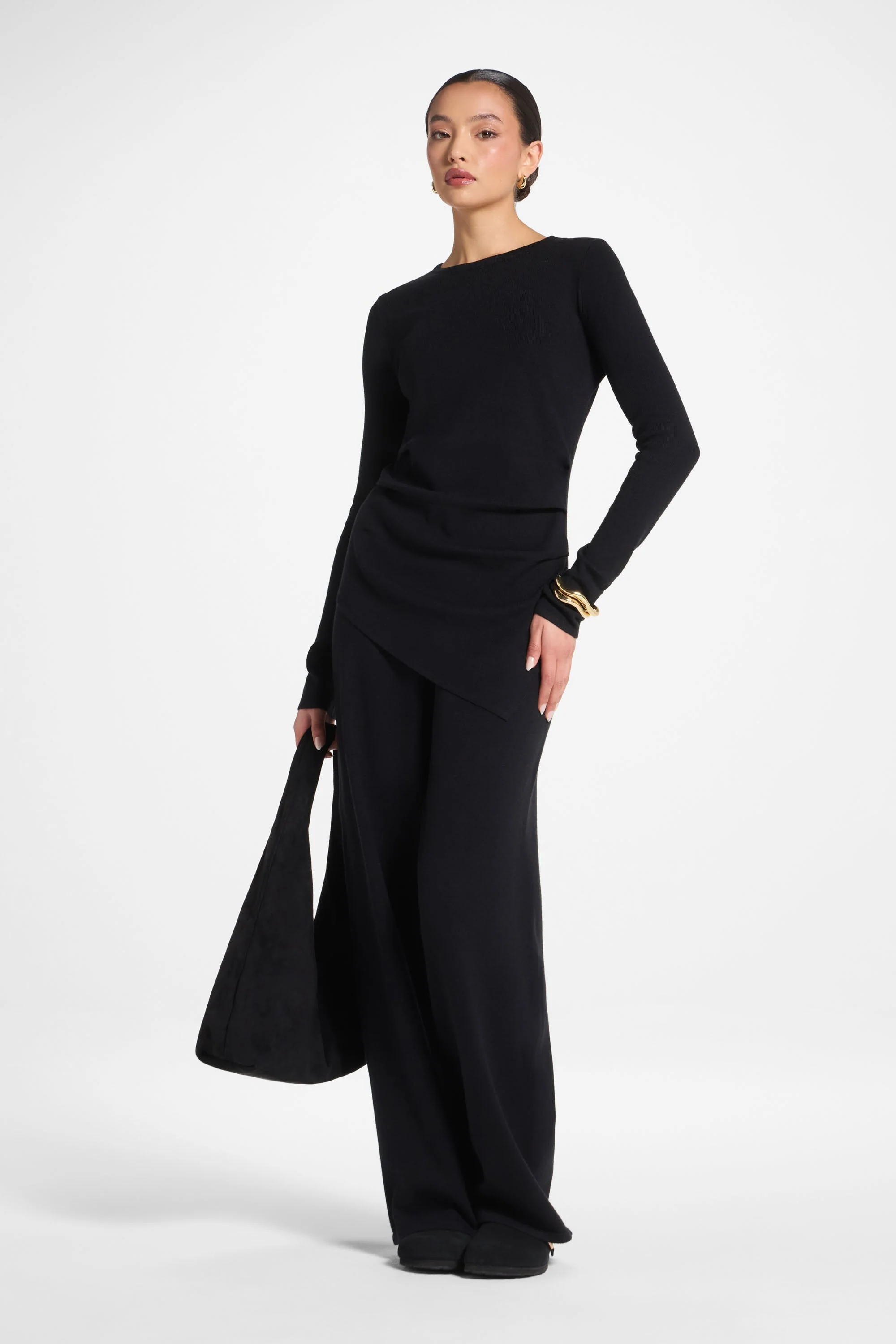 Asymmetric Knit Top & Pants Set - Black
