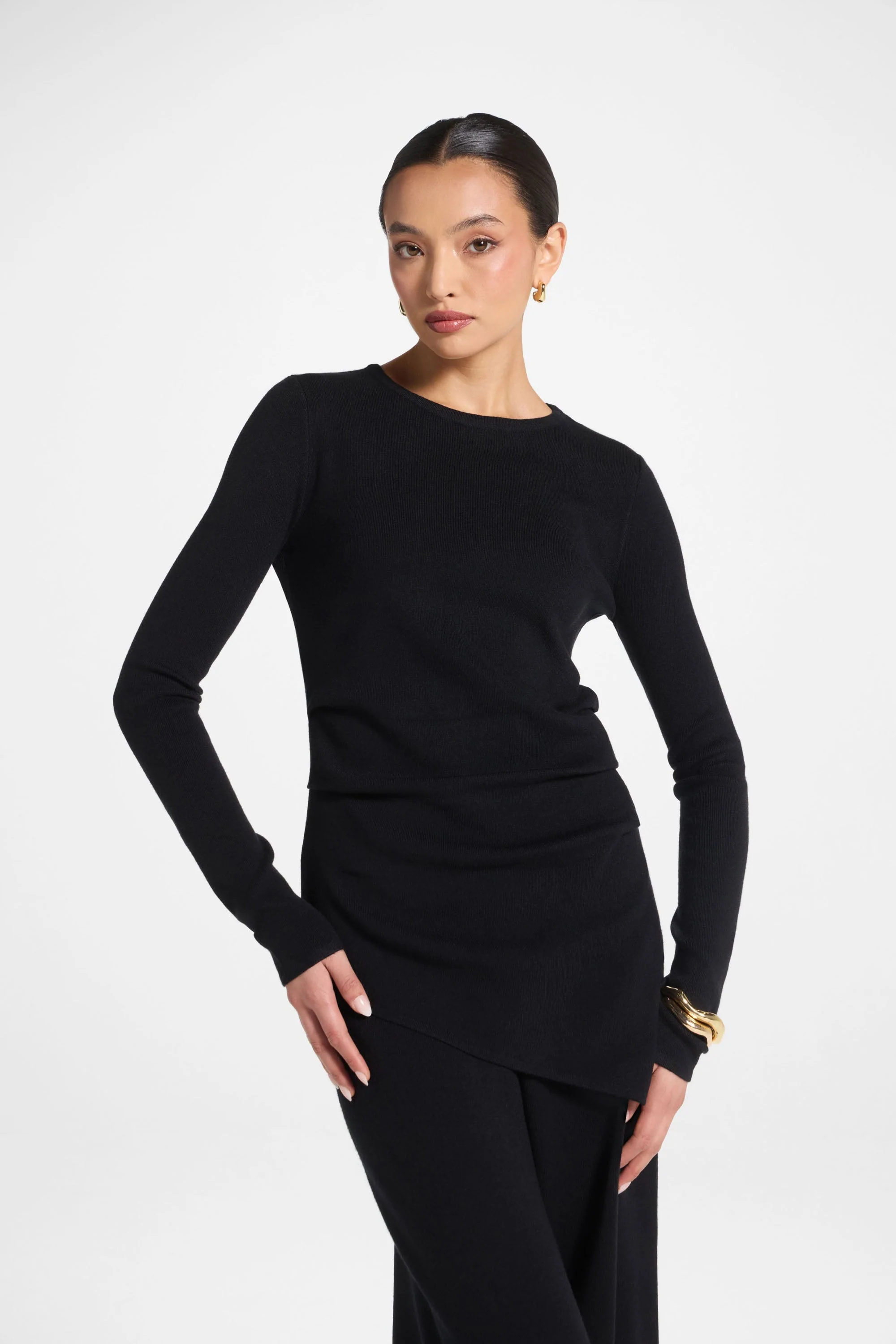 Asymmetric Knit Top & Pants Set - Black - Image 2