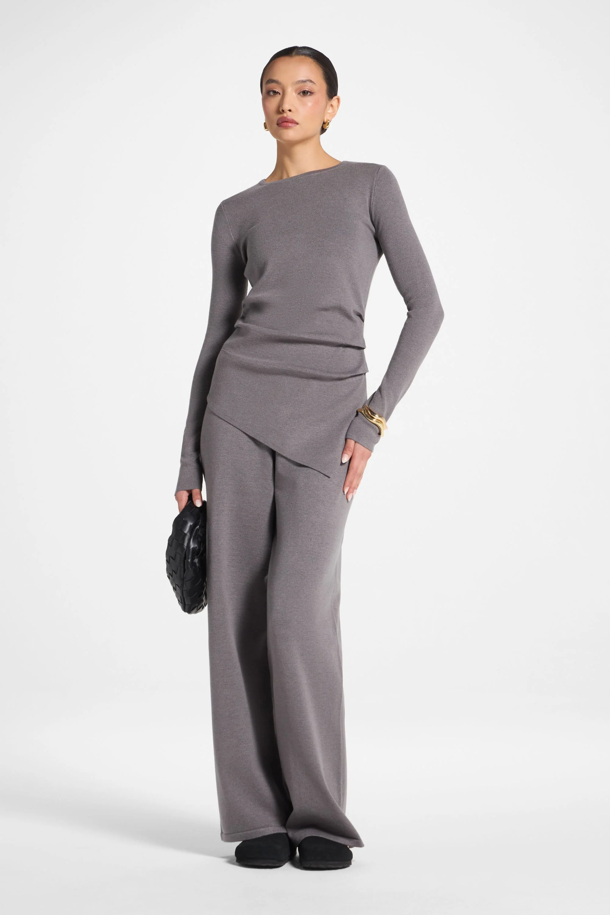 Asymmetric Knit Top & Pants Set - Charcoal