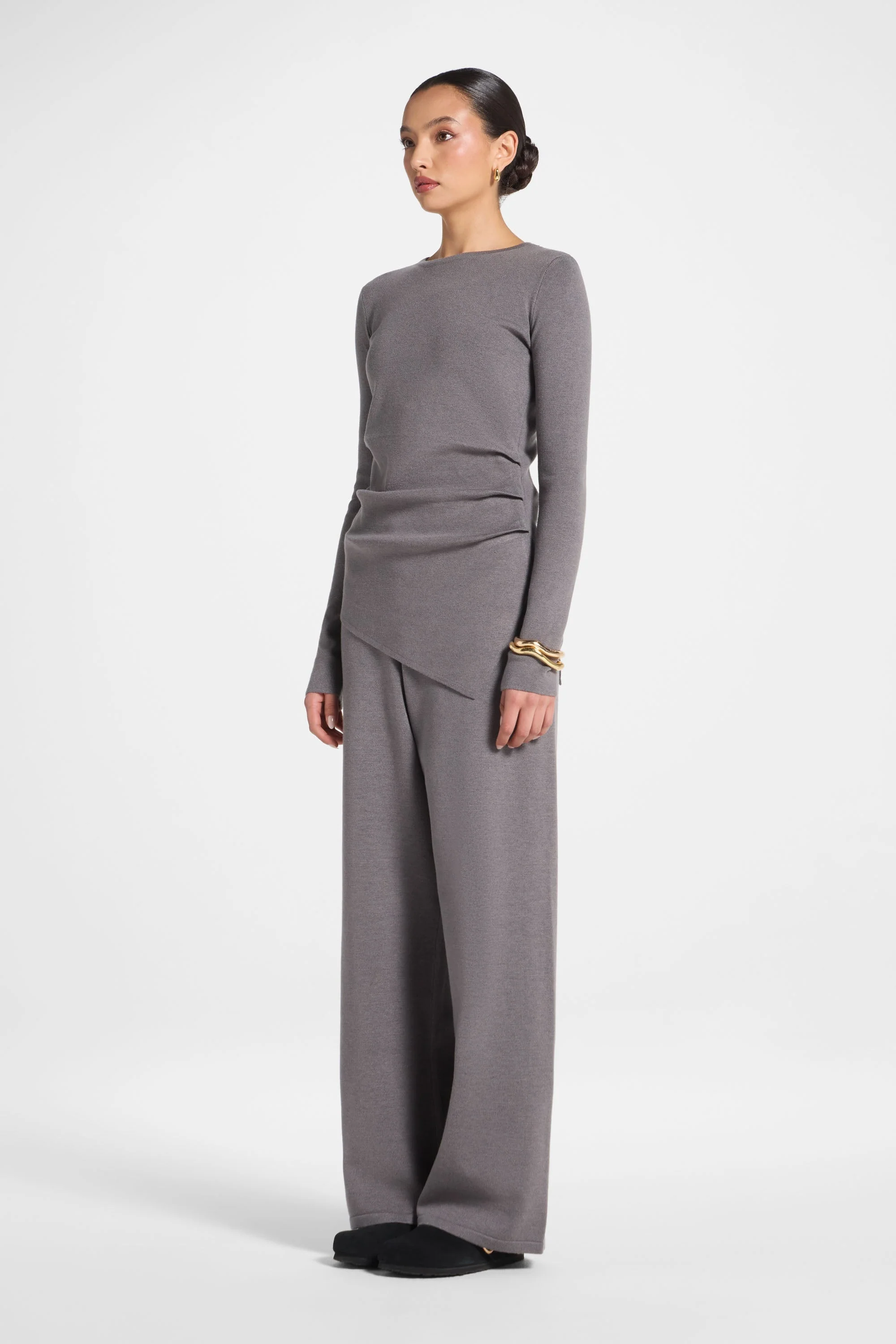 Asymmetric Knit Top & Pants Set - Charcoal - Image 3