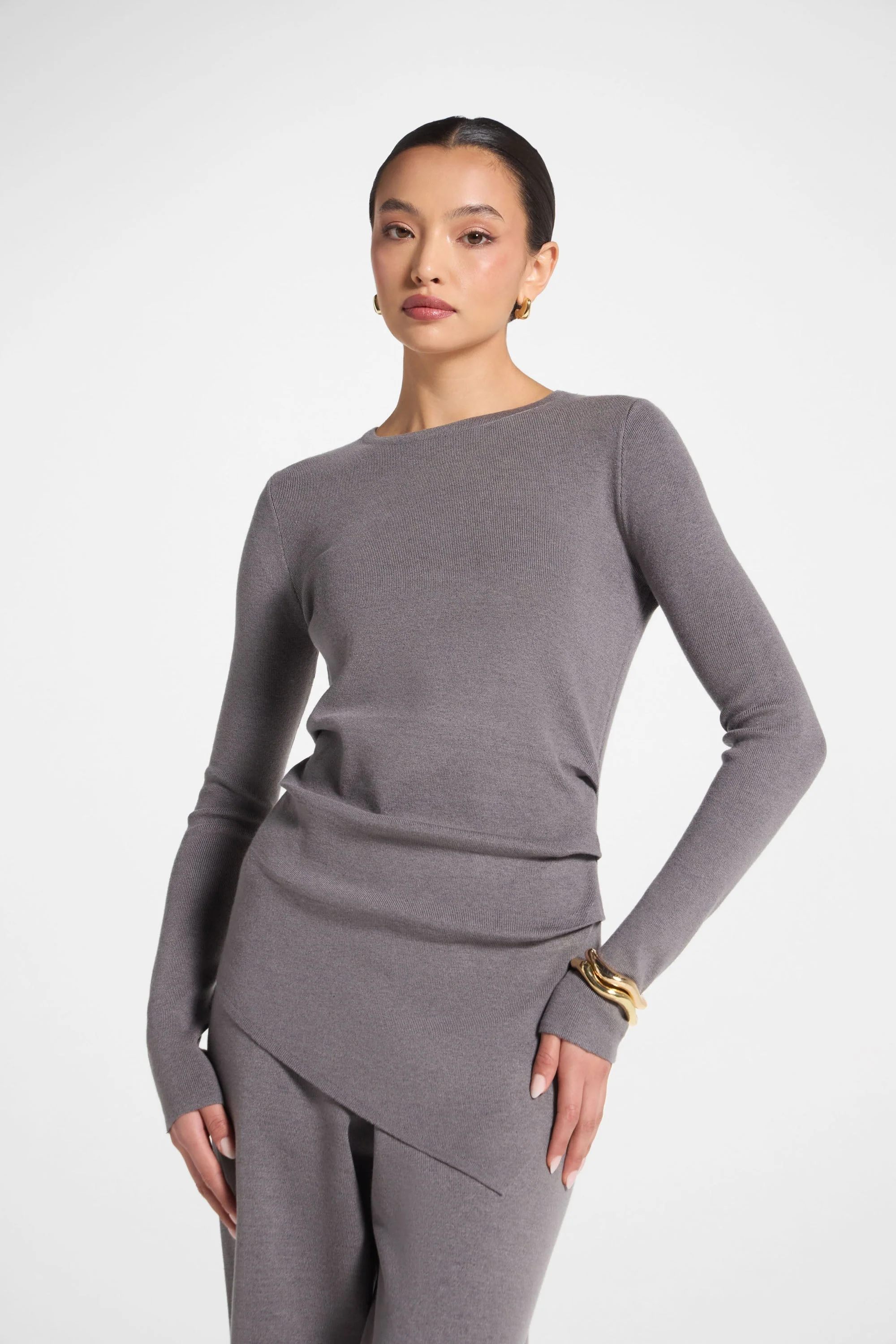 Asymmetric Knit Top & Pants Set - Charcoal - Image 6