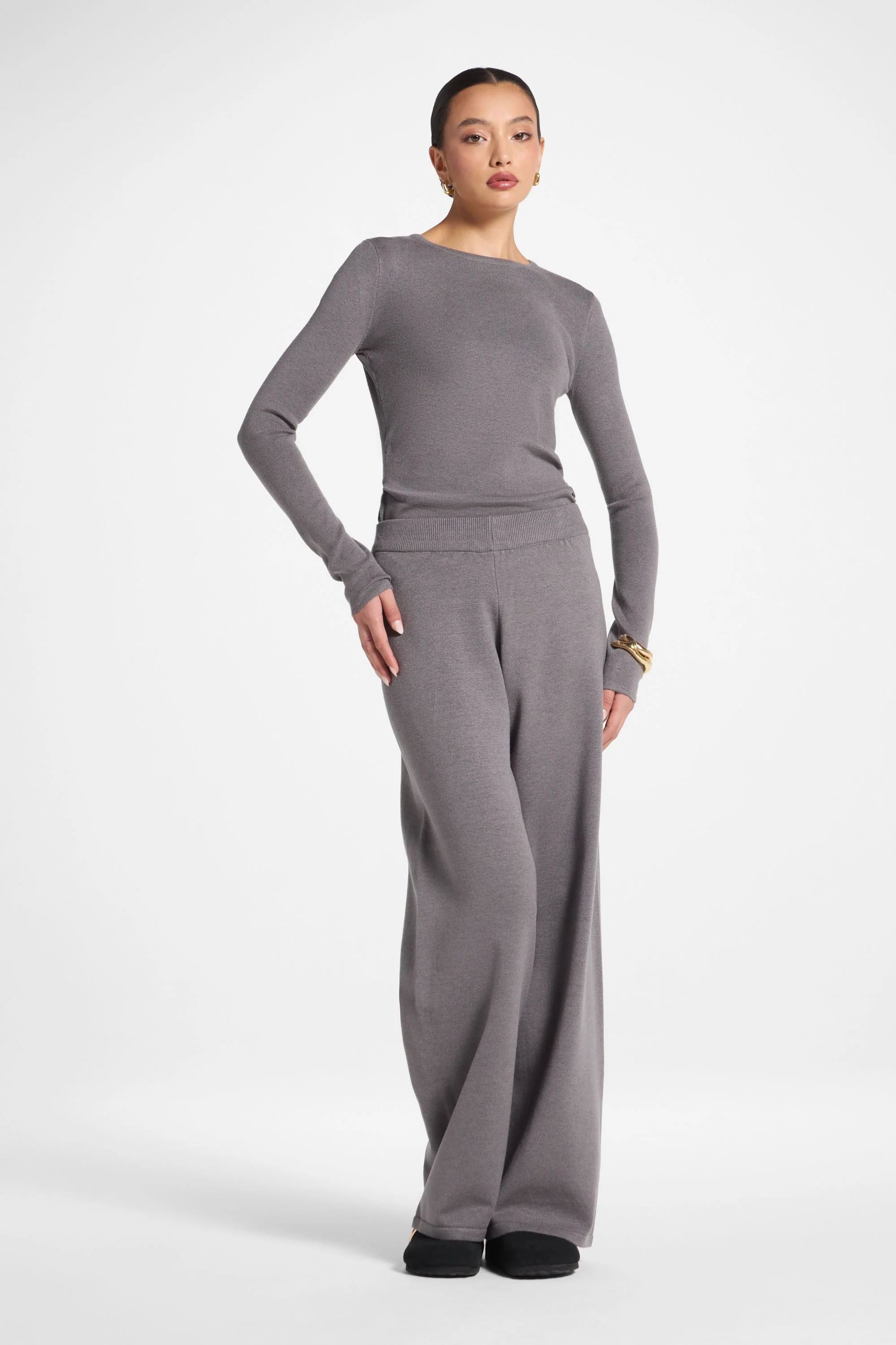 Asymmetric Knit Top & Pants Set - Charcoal - Image 7