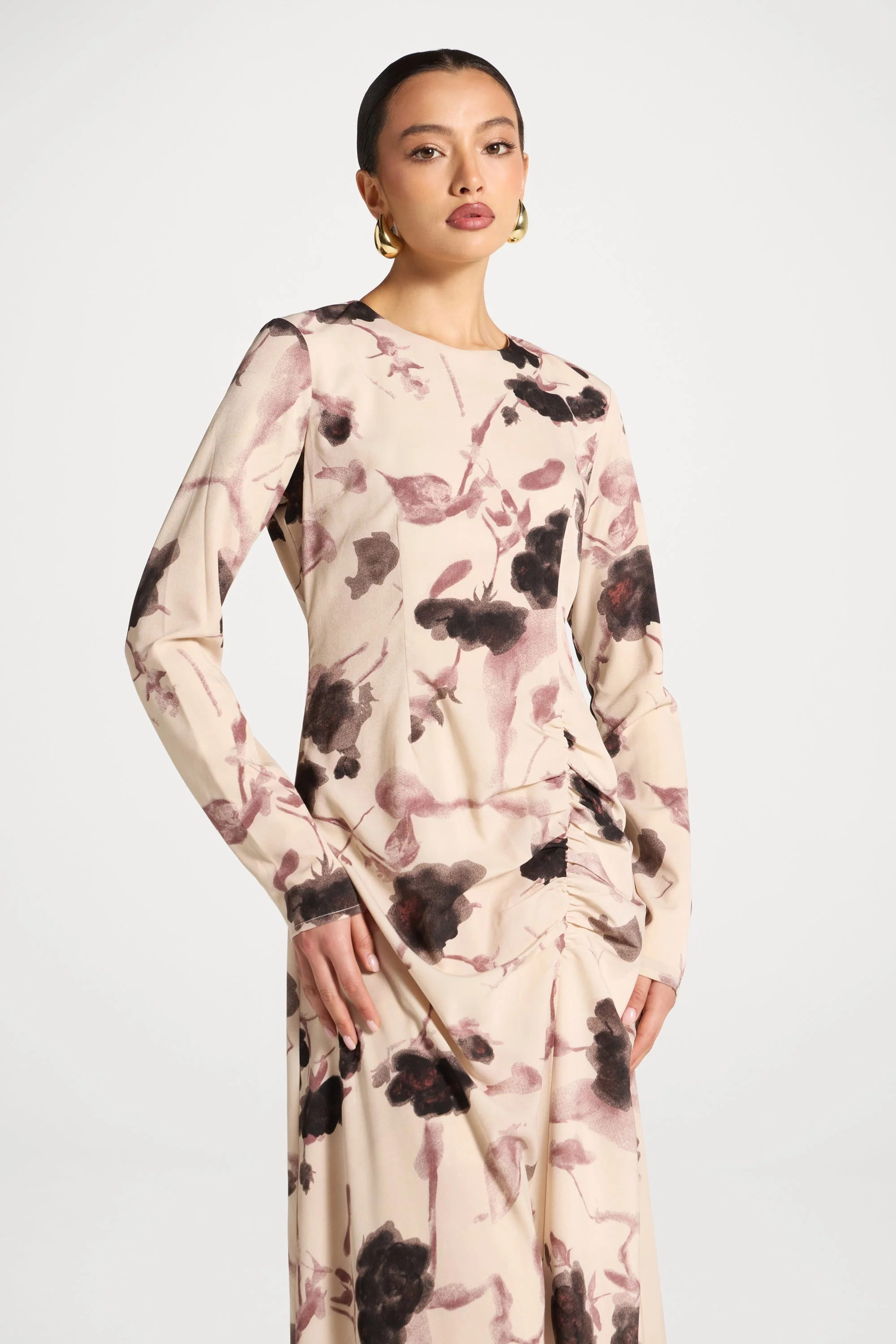 Asymmetric Rouched Maxi Dress - Vanilla Petals - Image 2