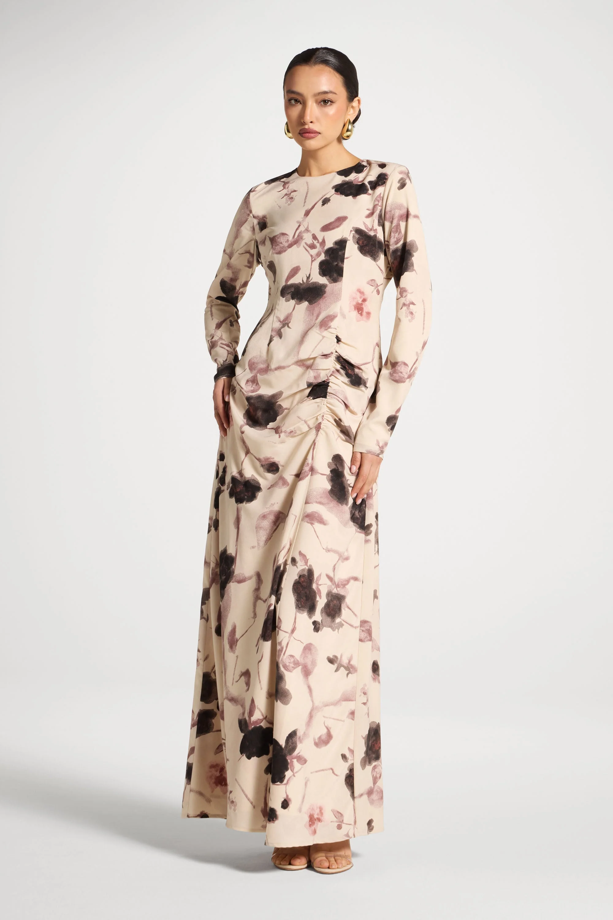Asymmetric Rouched Maxi Dress - Vanilla Petals - Image 3