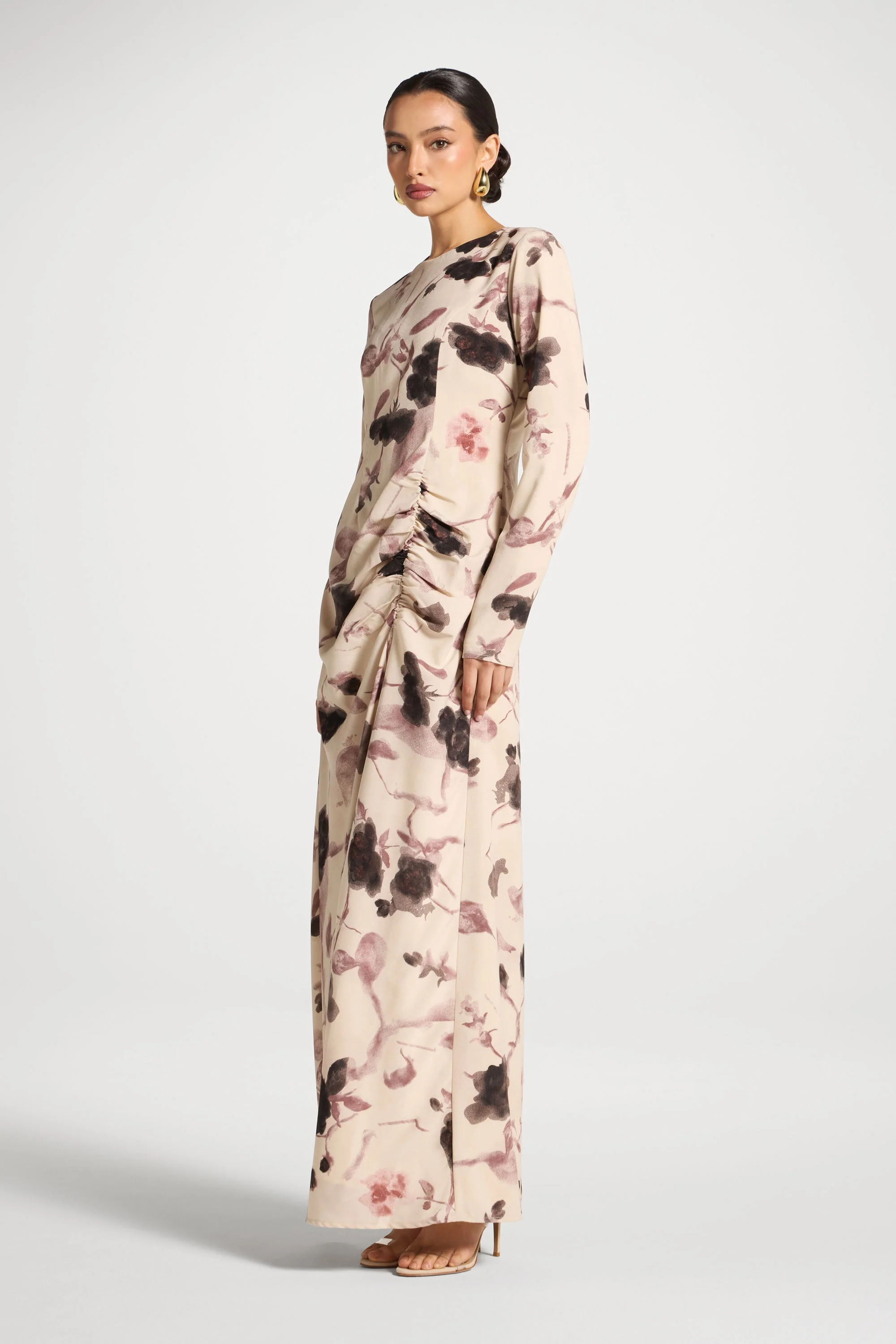 Asymmetric Rouched Maxi Dress - Vanilla Petals - Image 4