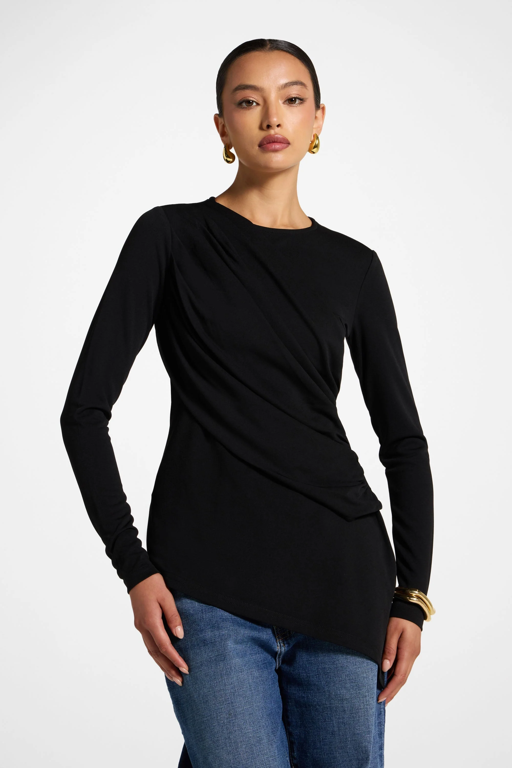 Asymmetric Rouched Shoulder Top - Black
