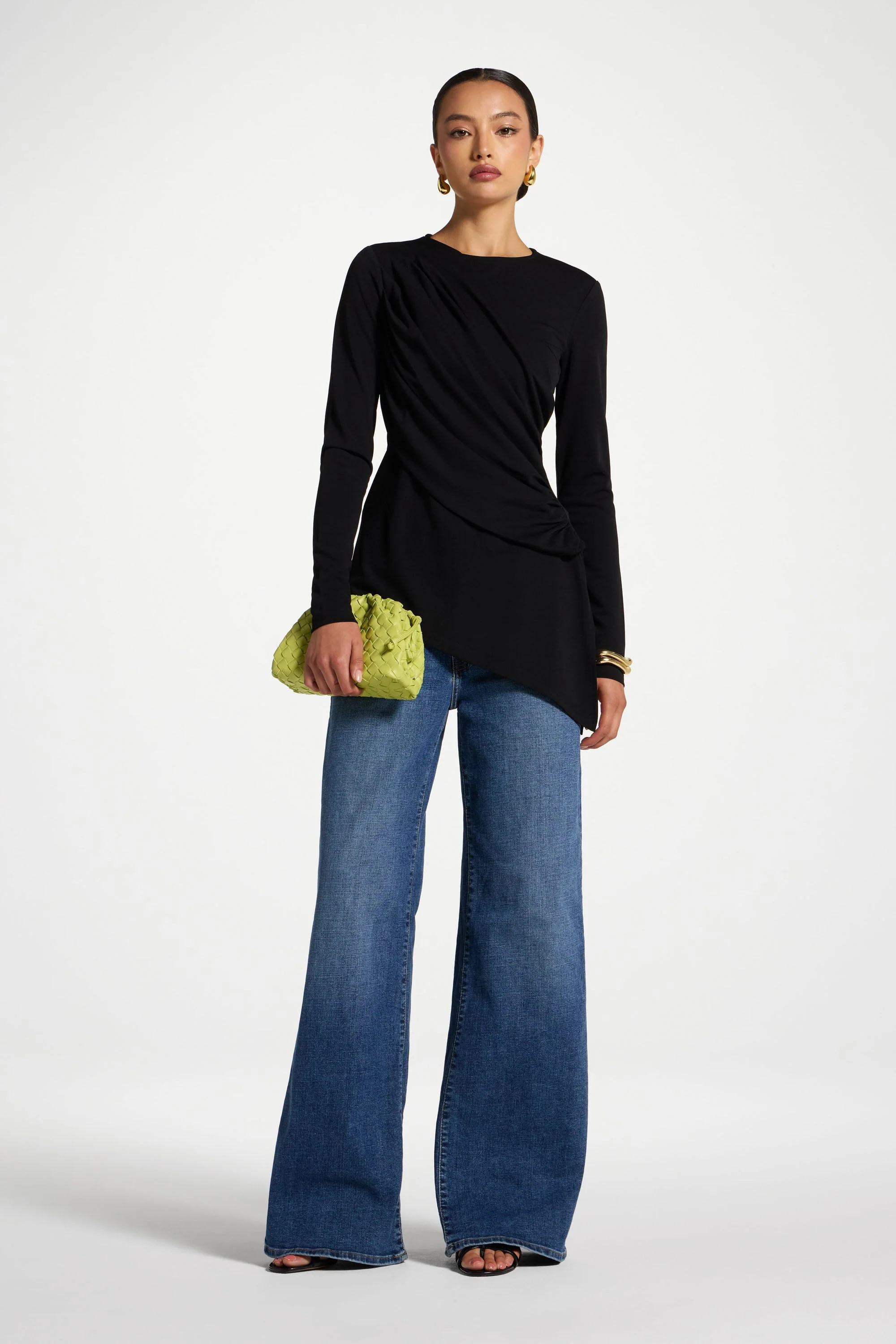 Asymmetric Rouched Shoulder Top - Black - Image 2