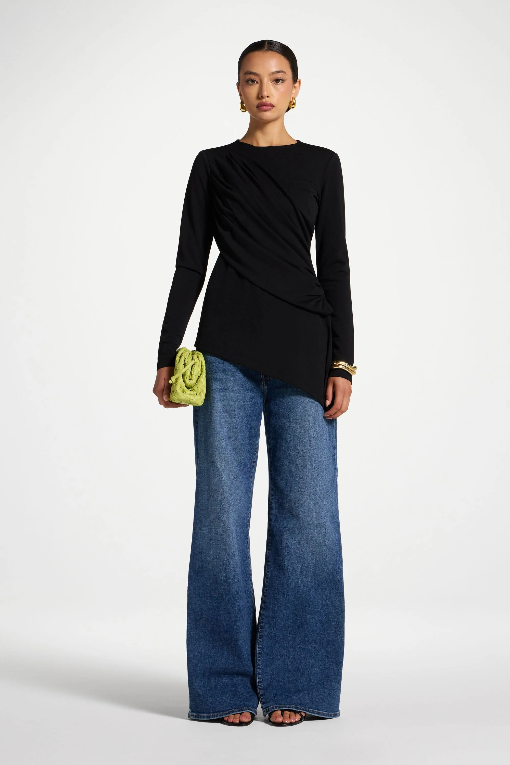 Asymmetric Rouched Shoulder Top - Black - Image 3