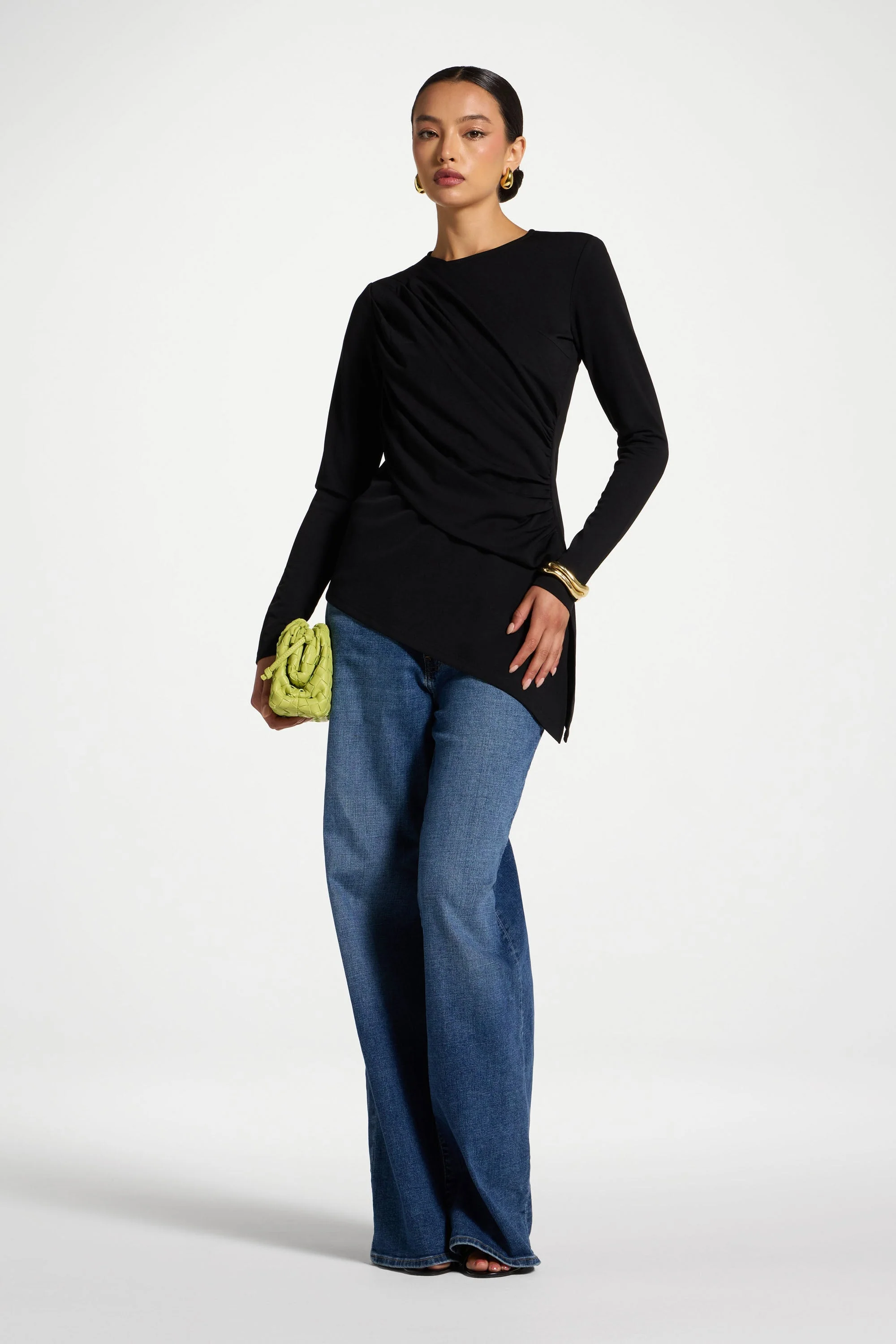Asymmetric Rouched Shoulder Top - Black - Image 4