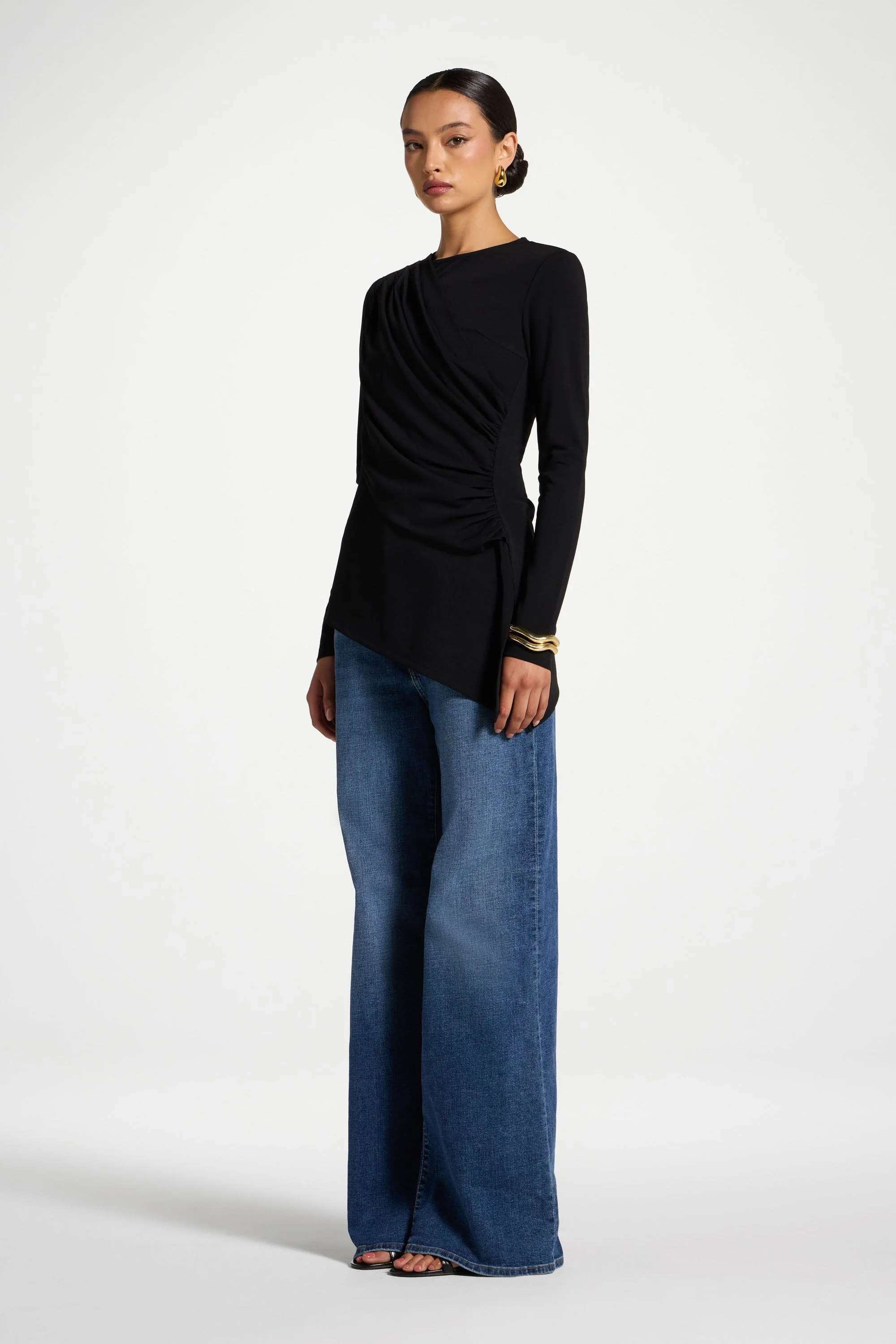 Asymmetric Rouched Shoulder Top - Black - Image 5