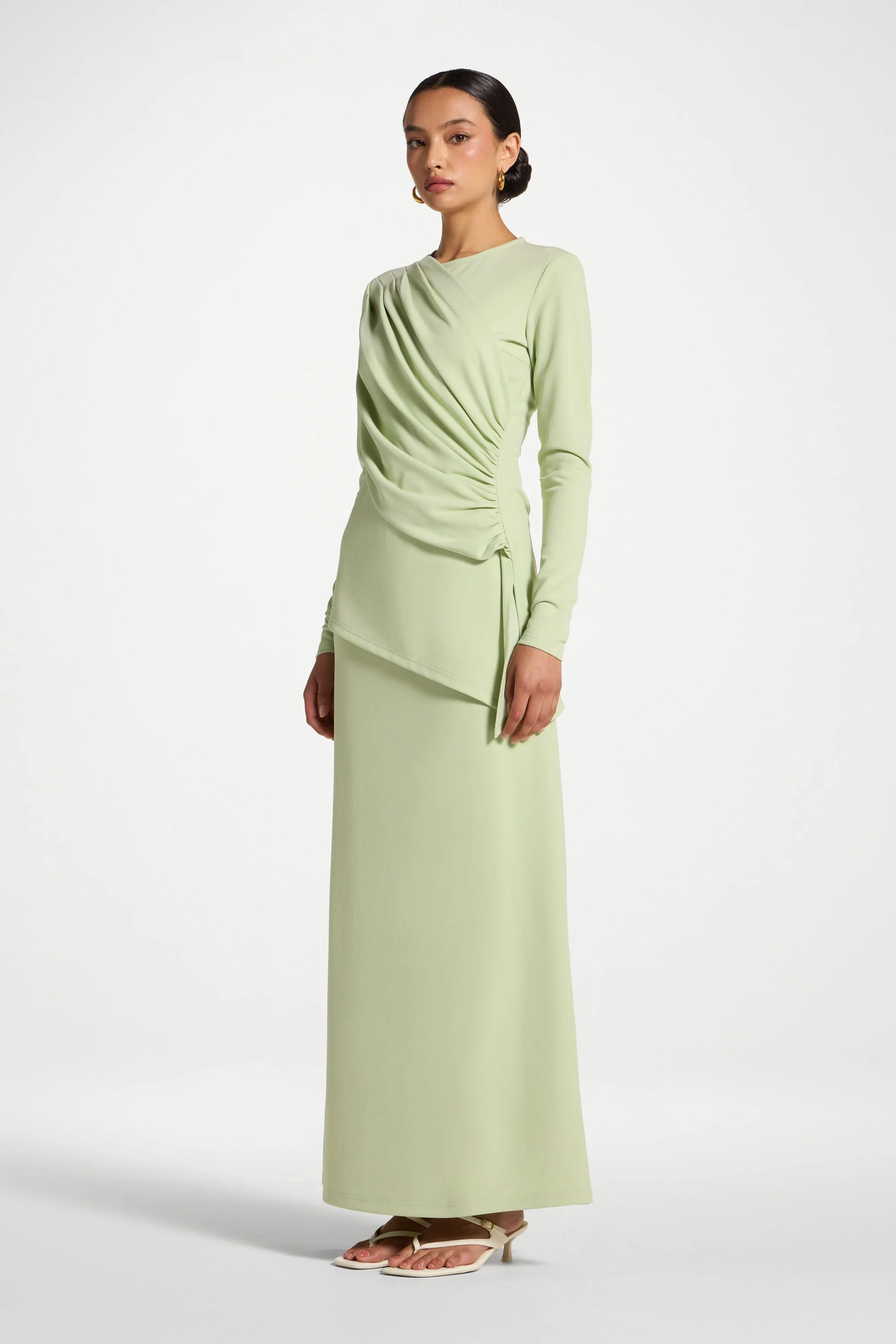 Asymmetric Rouched Shoulder Top - Spring Green - Image 3