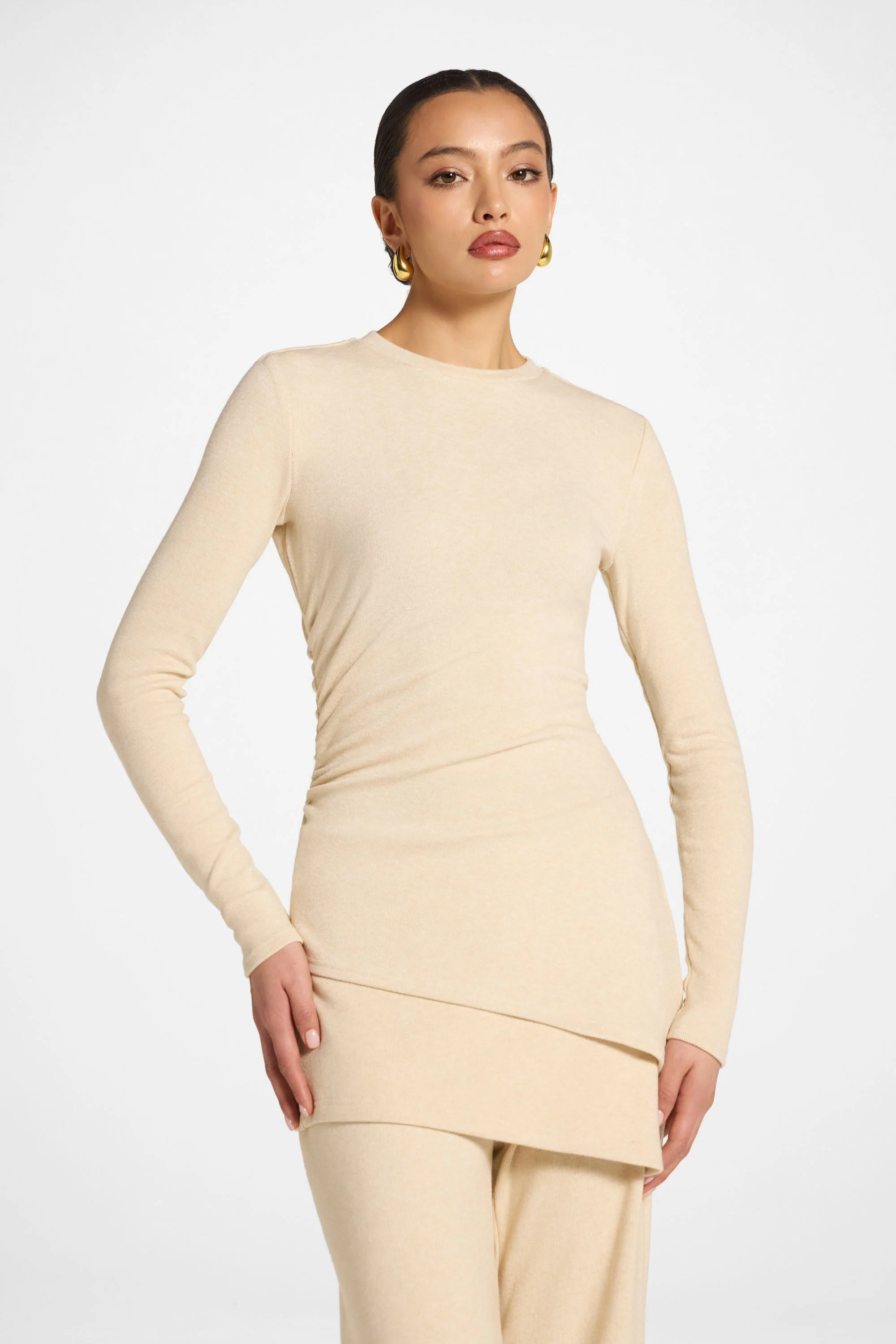 Asymmetric Rouched Top - Beige - Image 2