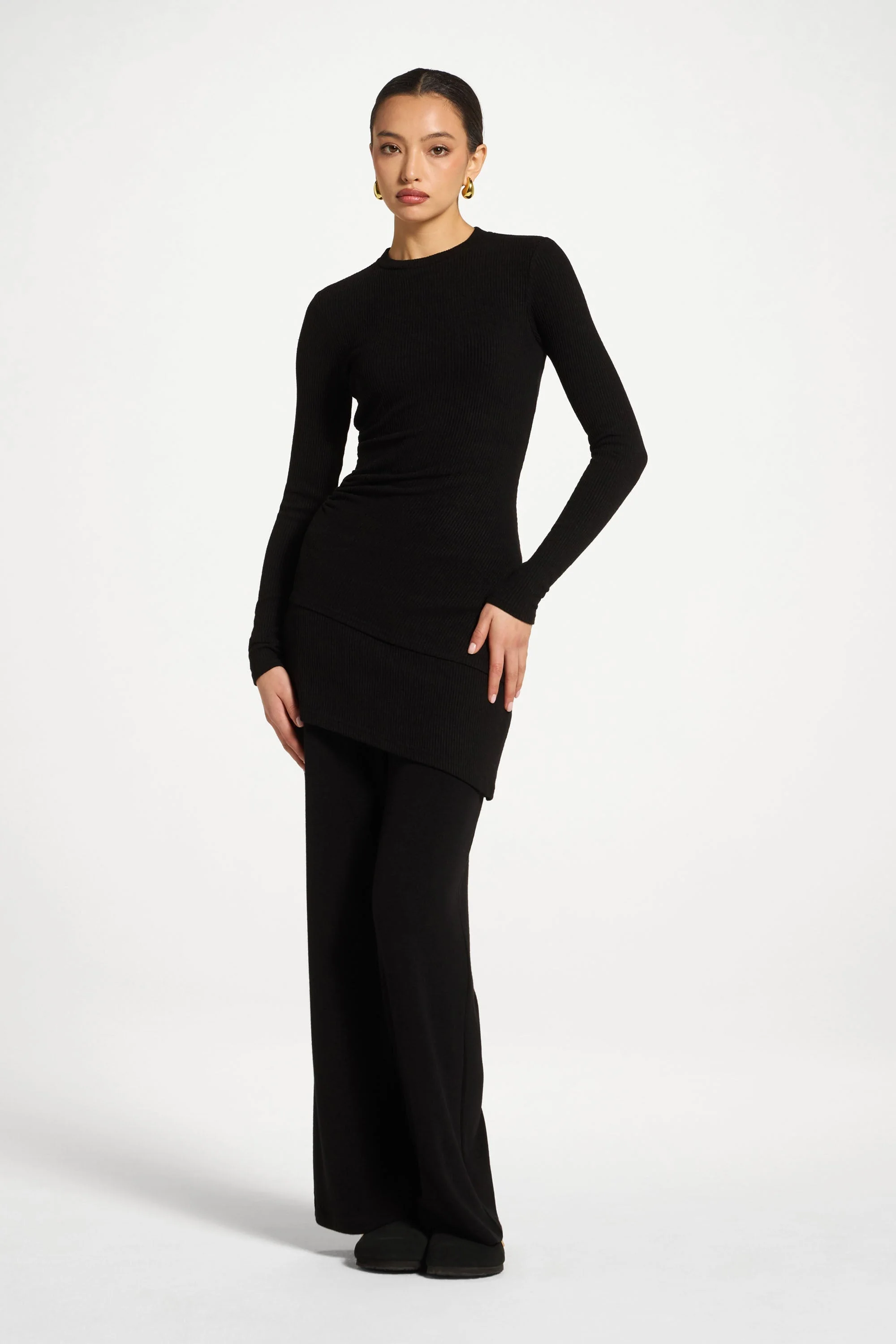 Asymmetric Rouched Knit Top - Black - Image 2