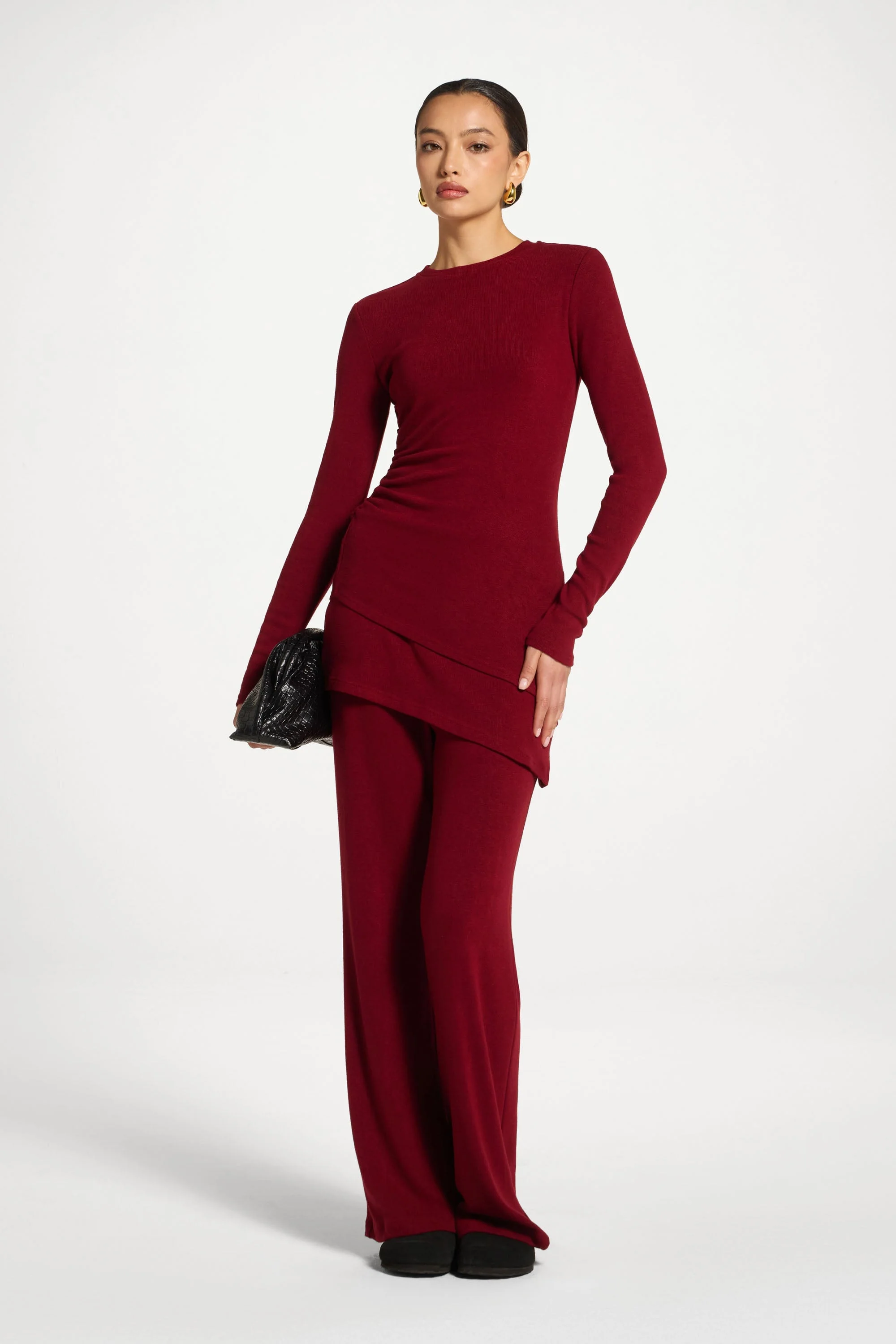Asymmetric Rouched Knit Top - Cherry Lacquer - Image 3