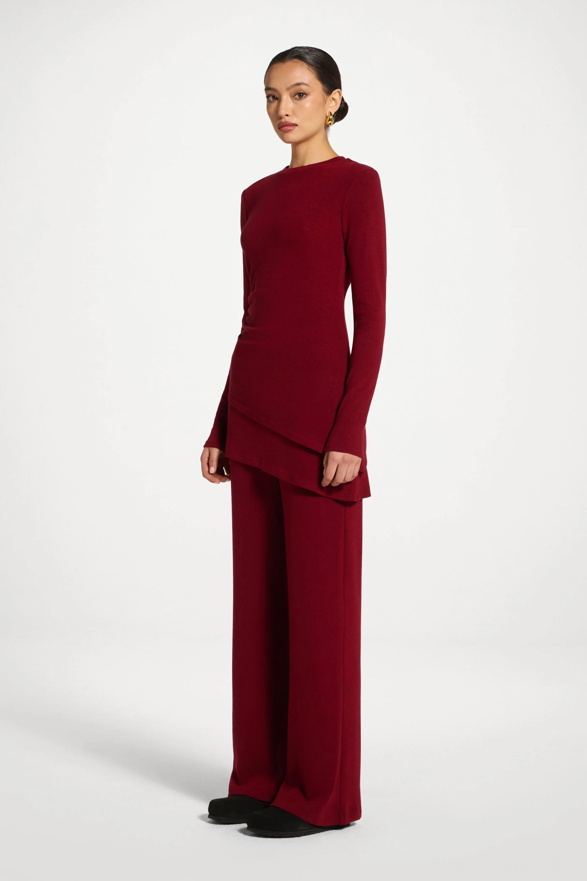 Asymmetric Rouched Knit Top - Cherry Lacquer - Image 4