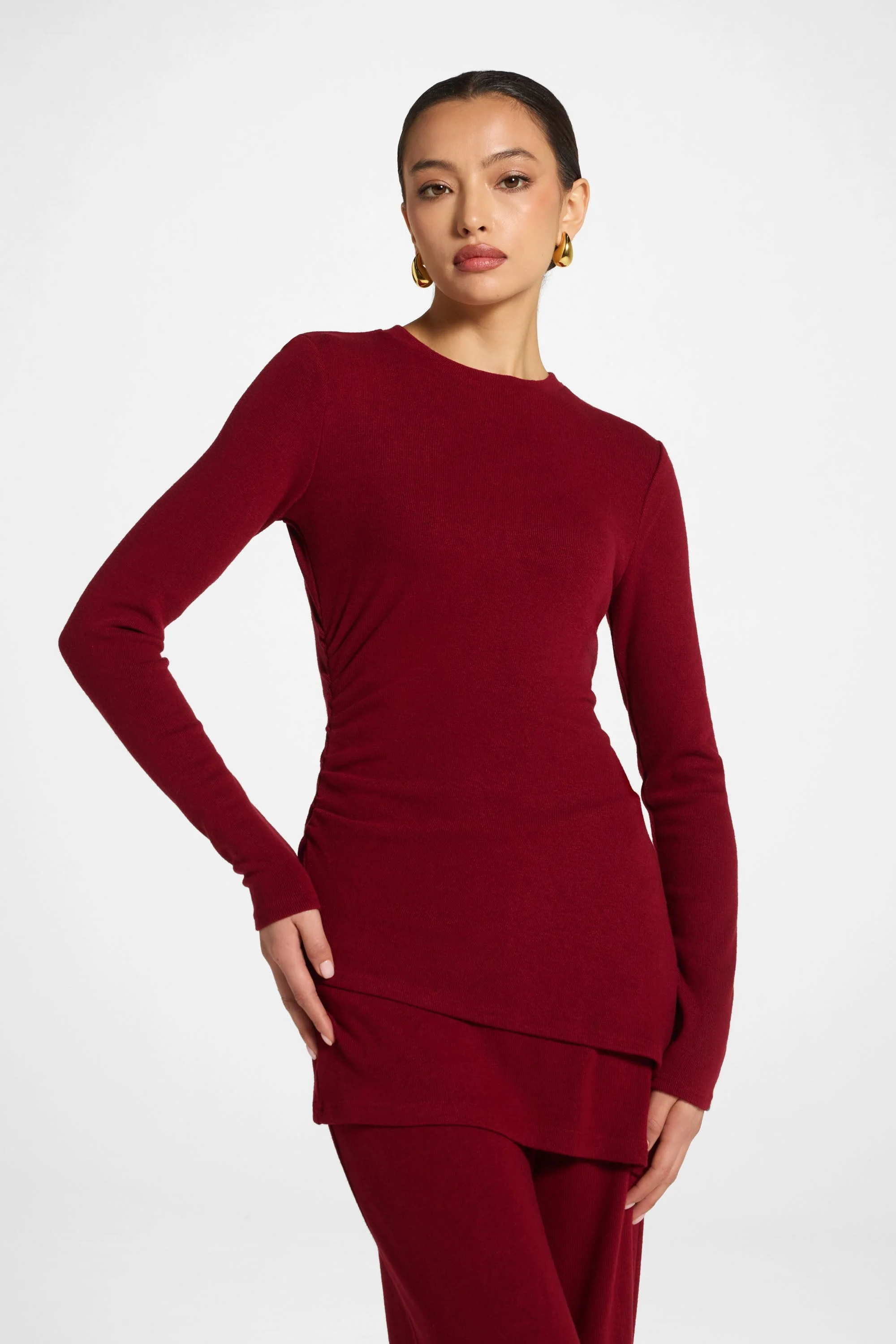 Asymmetric Rouched Knit Top - Cherry Lacquer - Image 6