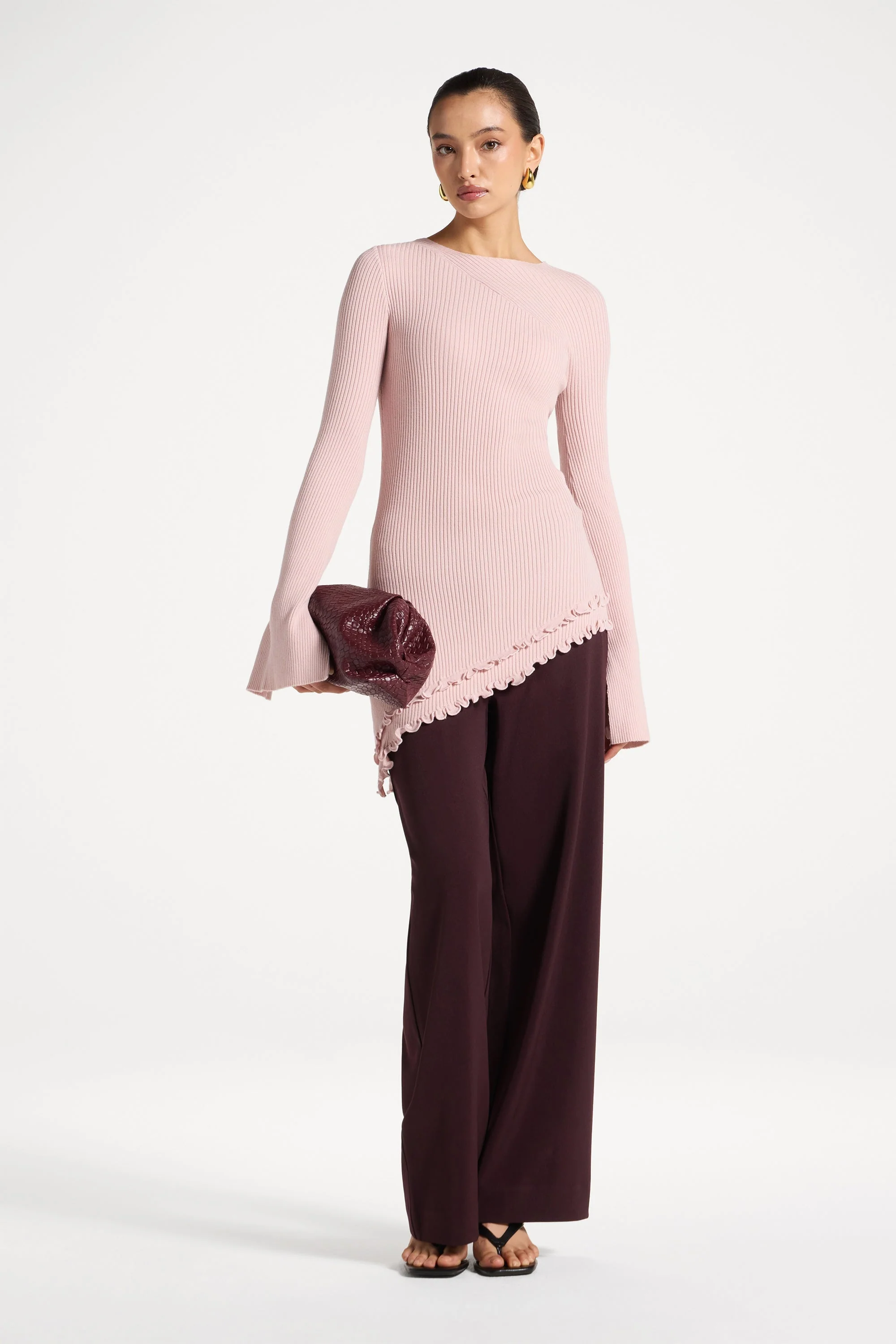 Asymmetric Ruffle Hem Knit Top - Pink Frost - Image 3