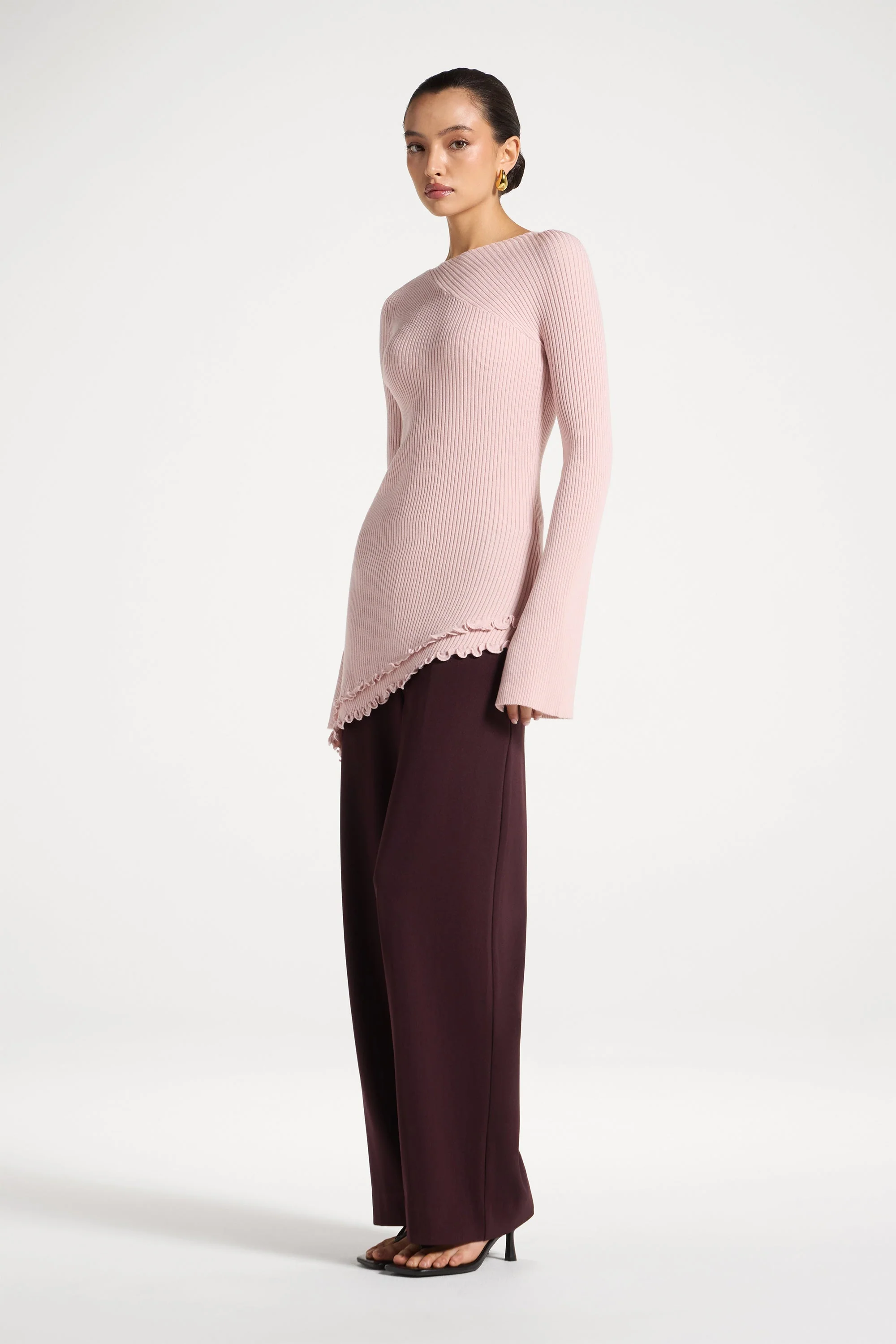 Asymmetric Ruffle Hem Knit Top - Pink Frost - Image 4