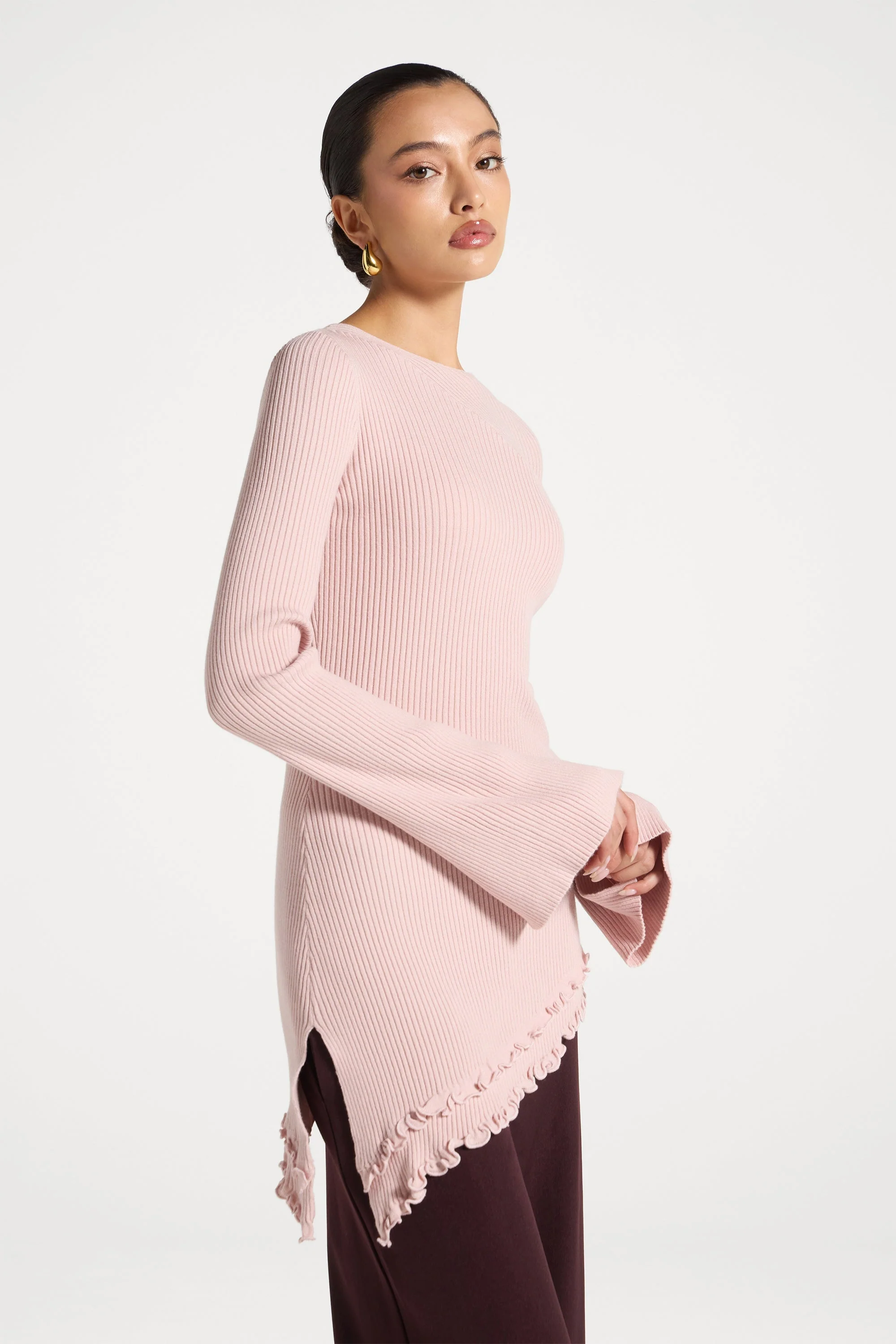 Asymmetric Ruffle Hem Knit Top - Pink Frost - Image 6