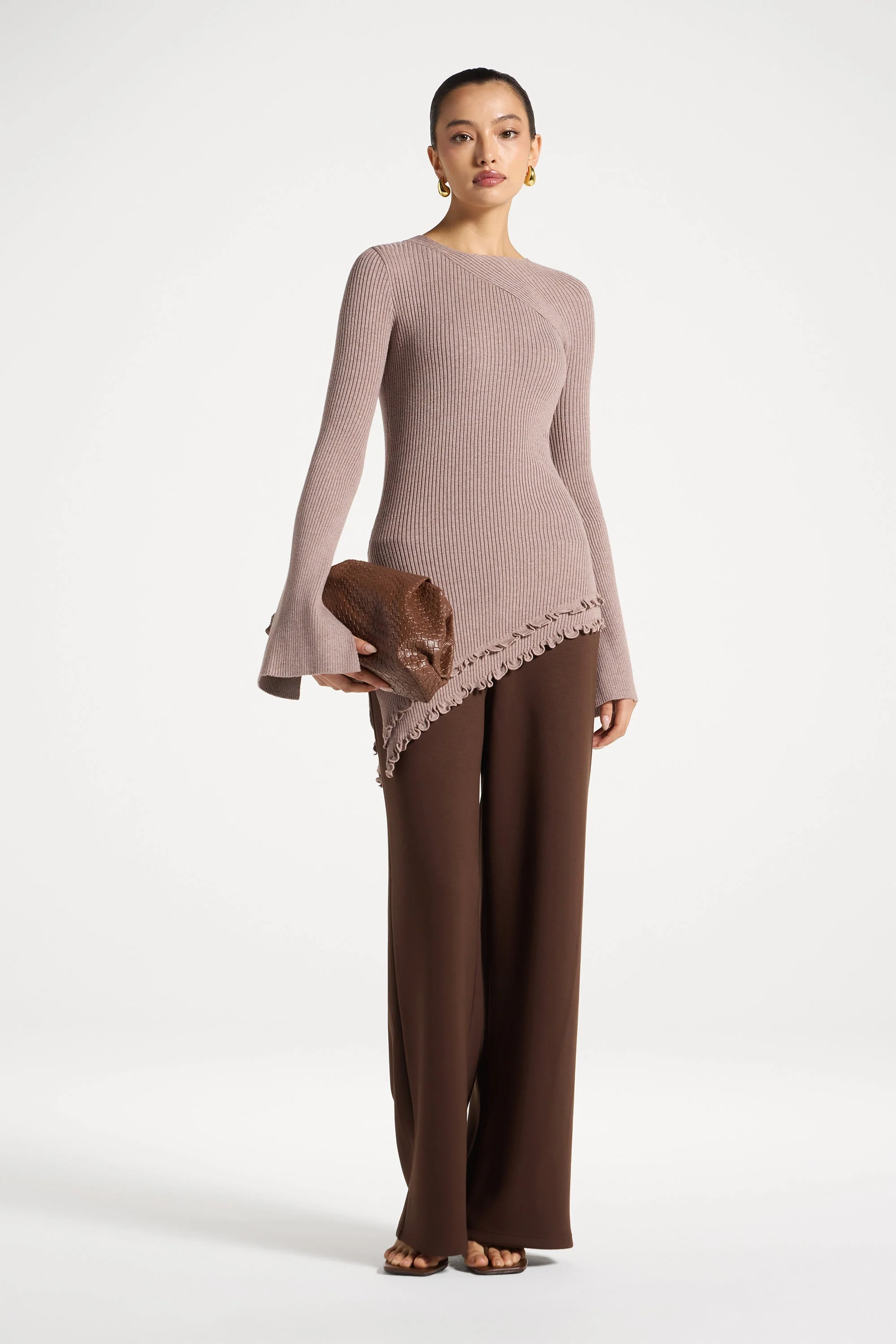 Asymmetric Ruffle Hem Knit Top - Taupe - Image 2