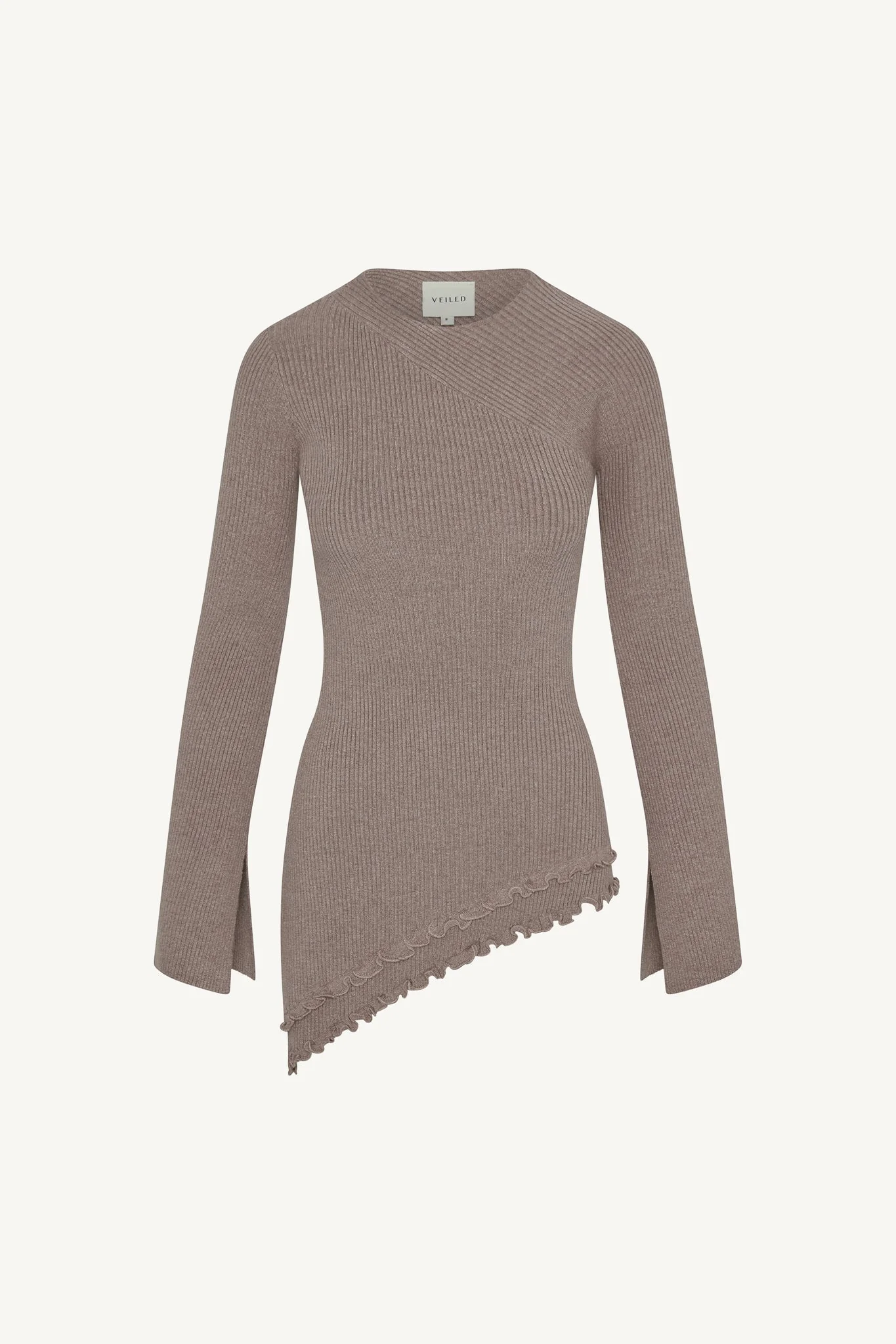 Asymmetric Ruffle Hem Knit Top - Taupe - Image 7
