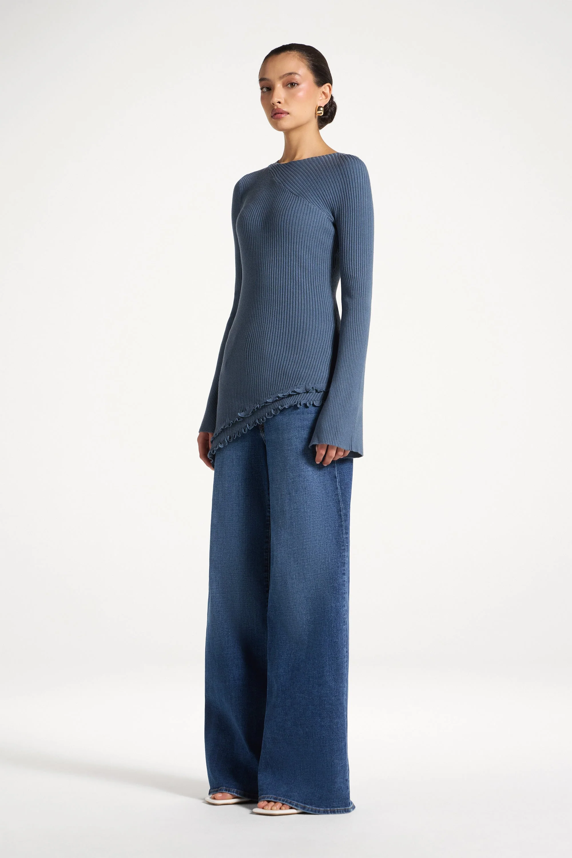 Asymmetric Ruffle Hem Knit Top - Denim - Image 4