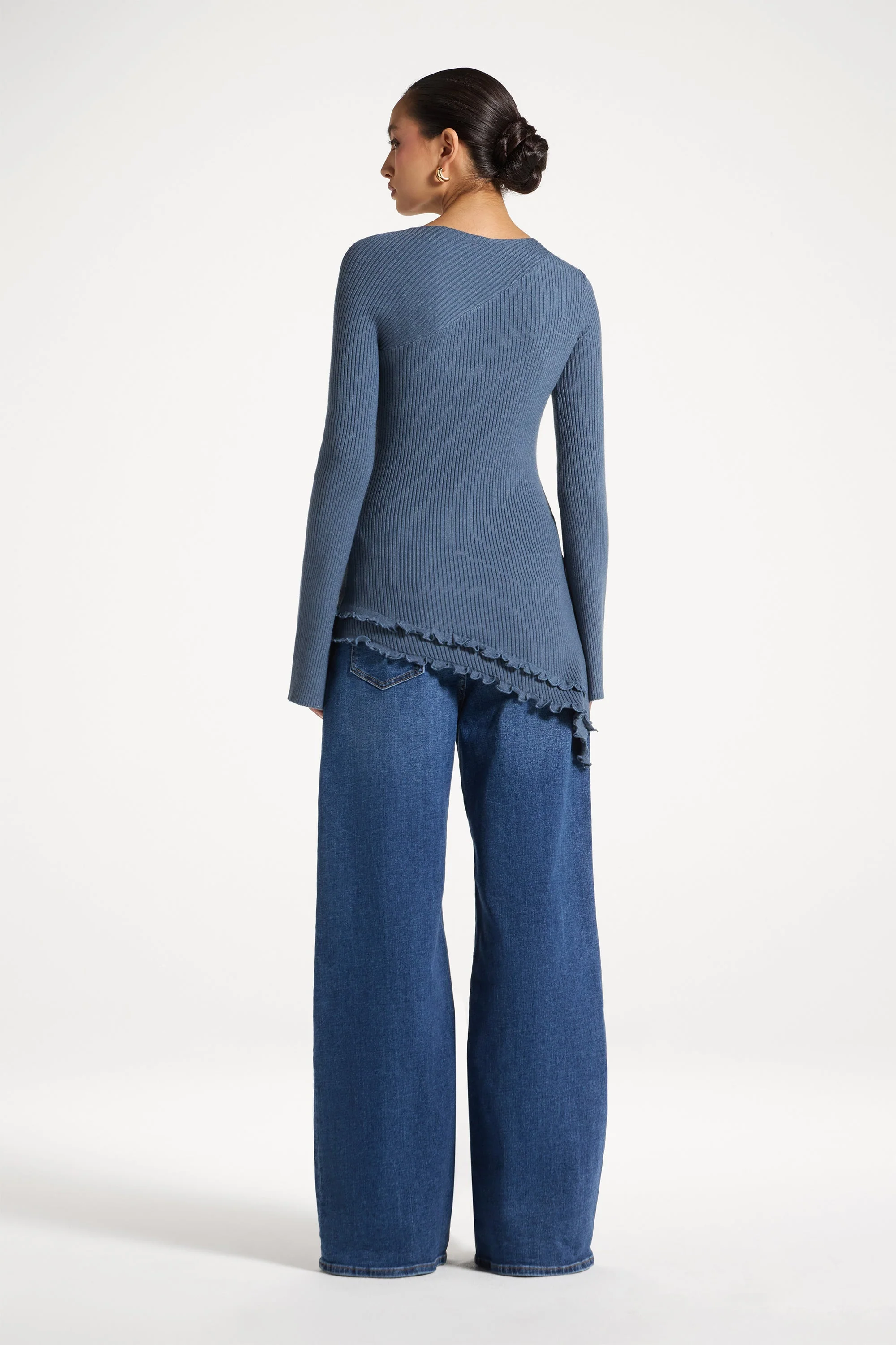 Asymmetric Ruffle Hem Knit Top - Denim - Image 5