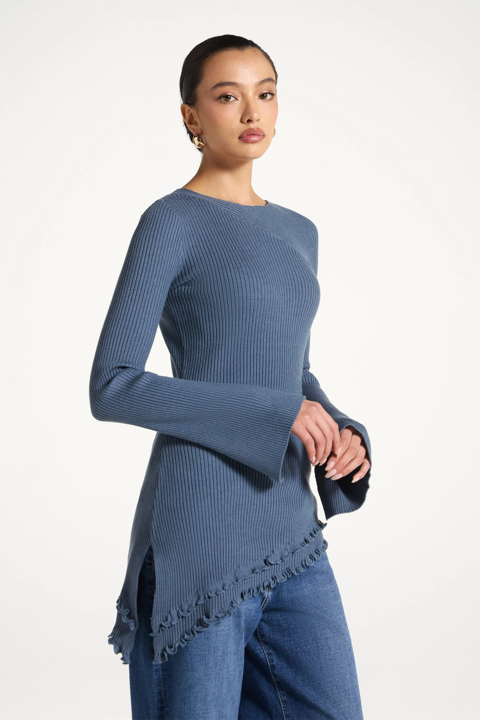 Asymmetric Ruffle Hem Knit Top - Denim - Image 6