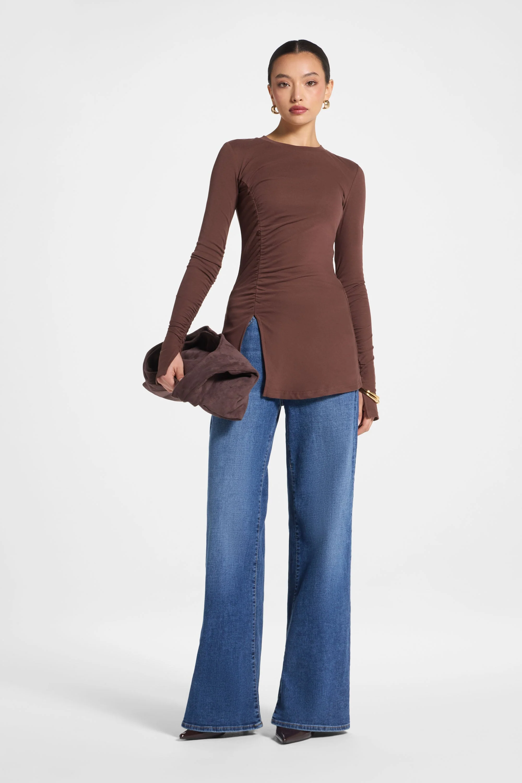 Asymmetric Side Slit Top - Dark Brown - Image 3