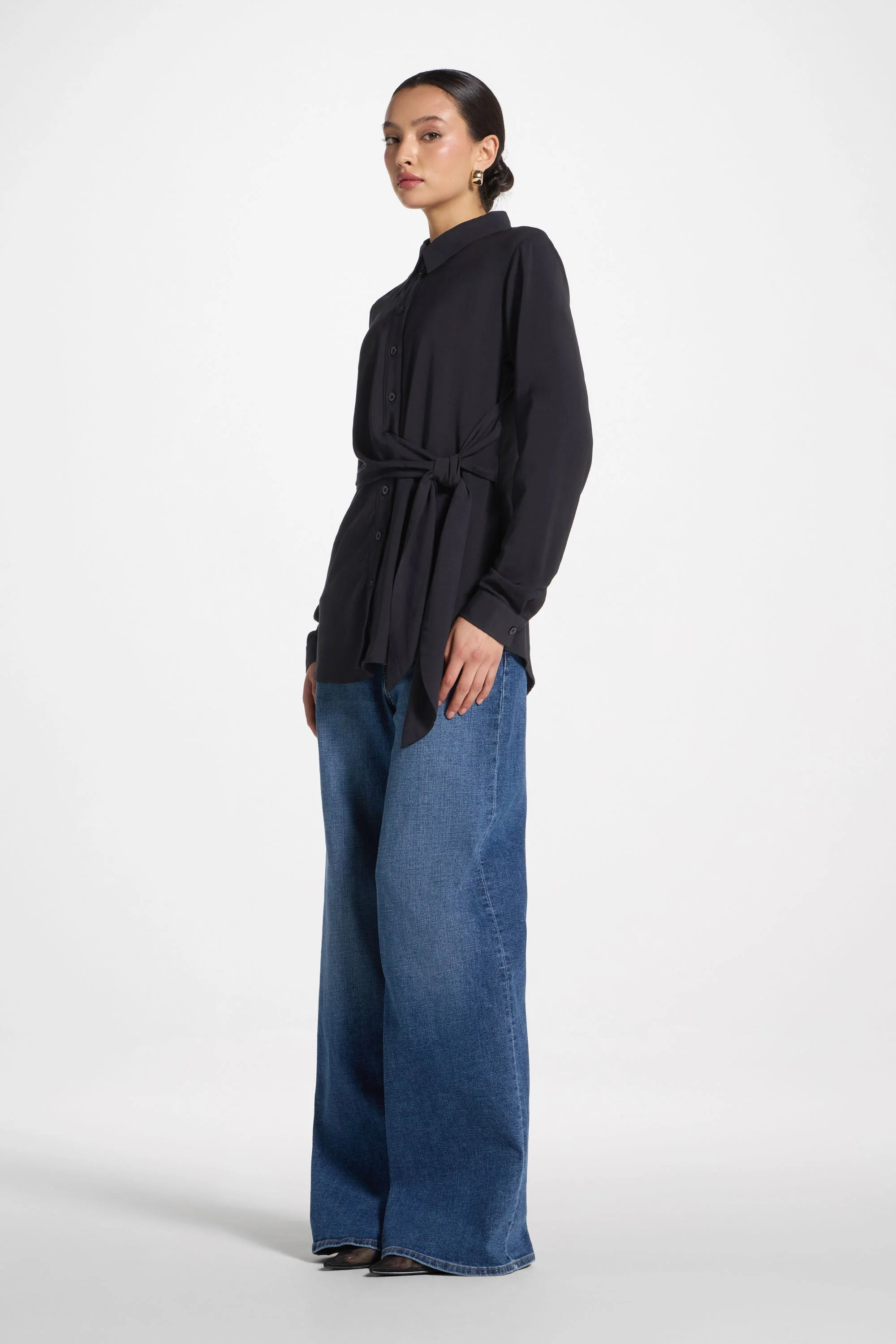 Asymmetric Side Tie Button Down Top - Black - Image 3