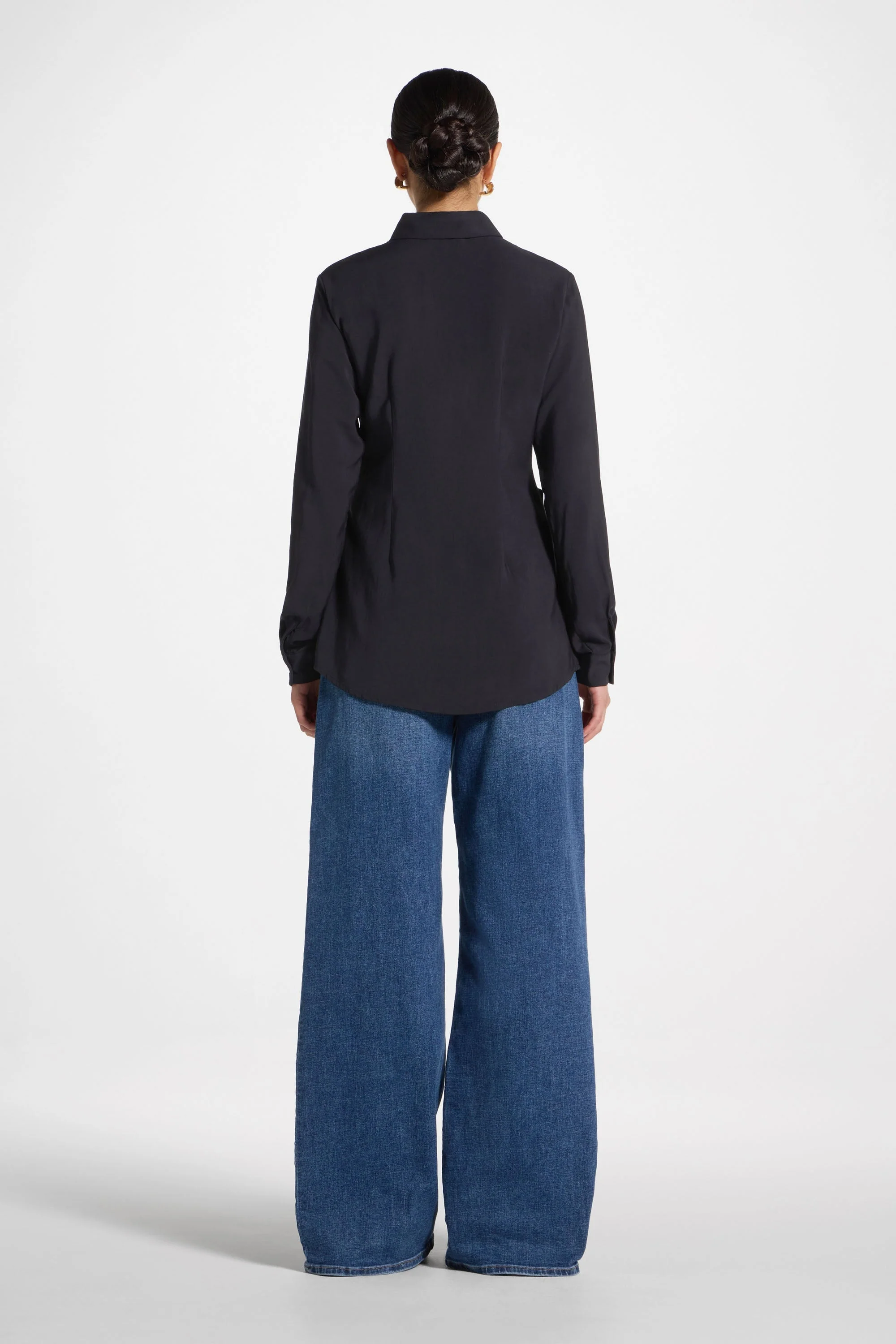 Asymmetric Side Tie Button Down Top - Black - Image 4