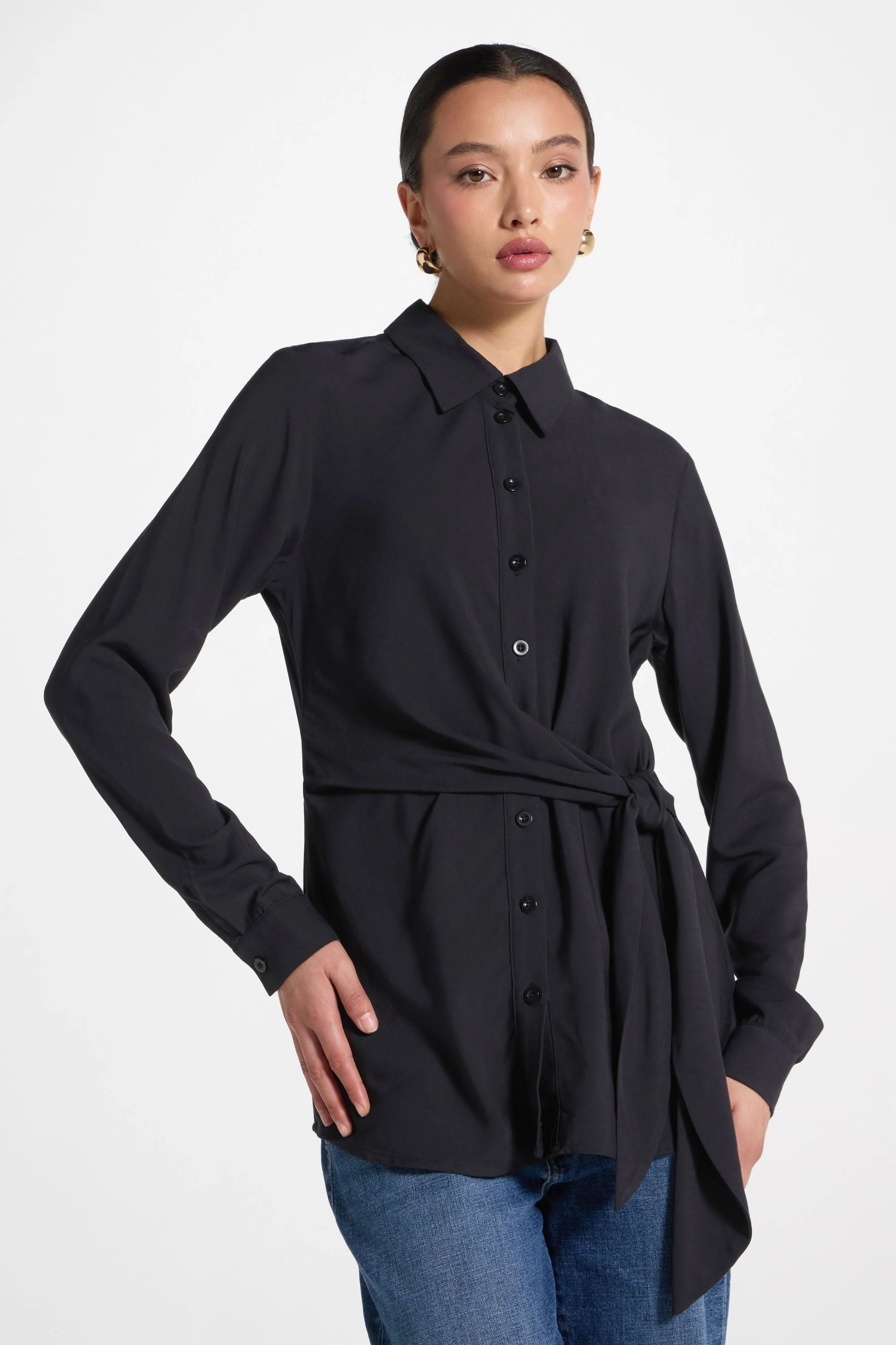 Asymmetric Side Tie Button Down Top - Black - Image 5