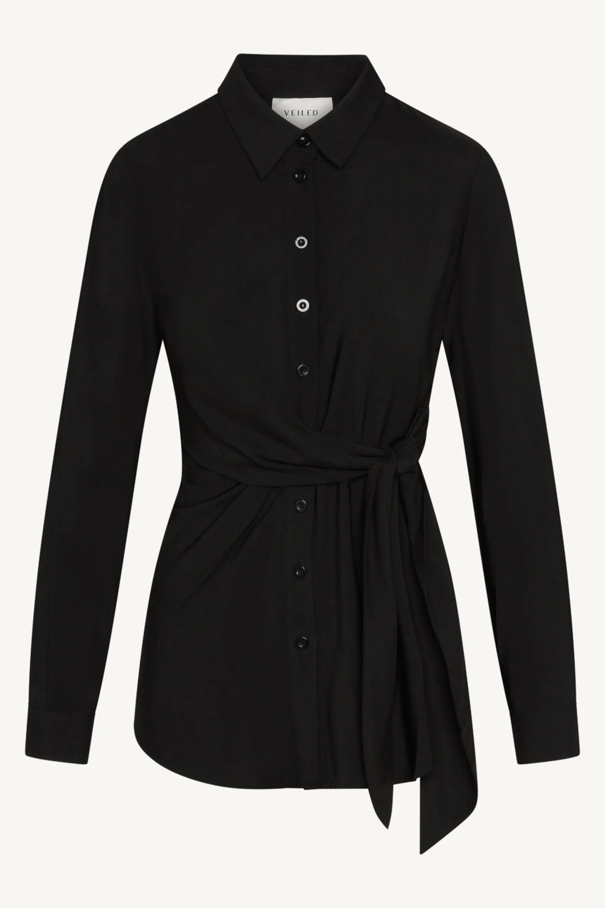 Asymmetric Side Tie Button Down Top - Black - Image 6