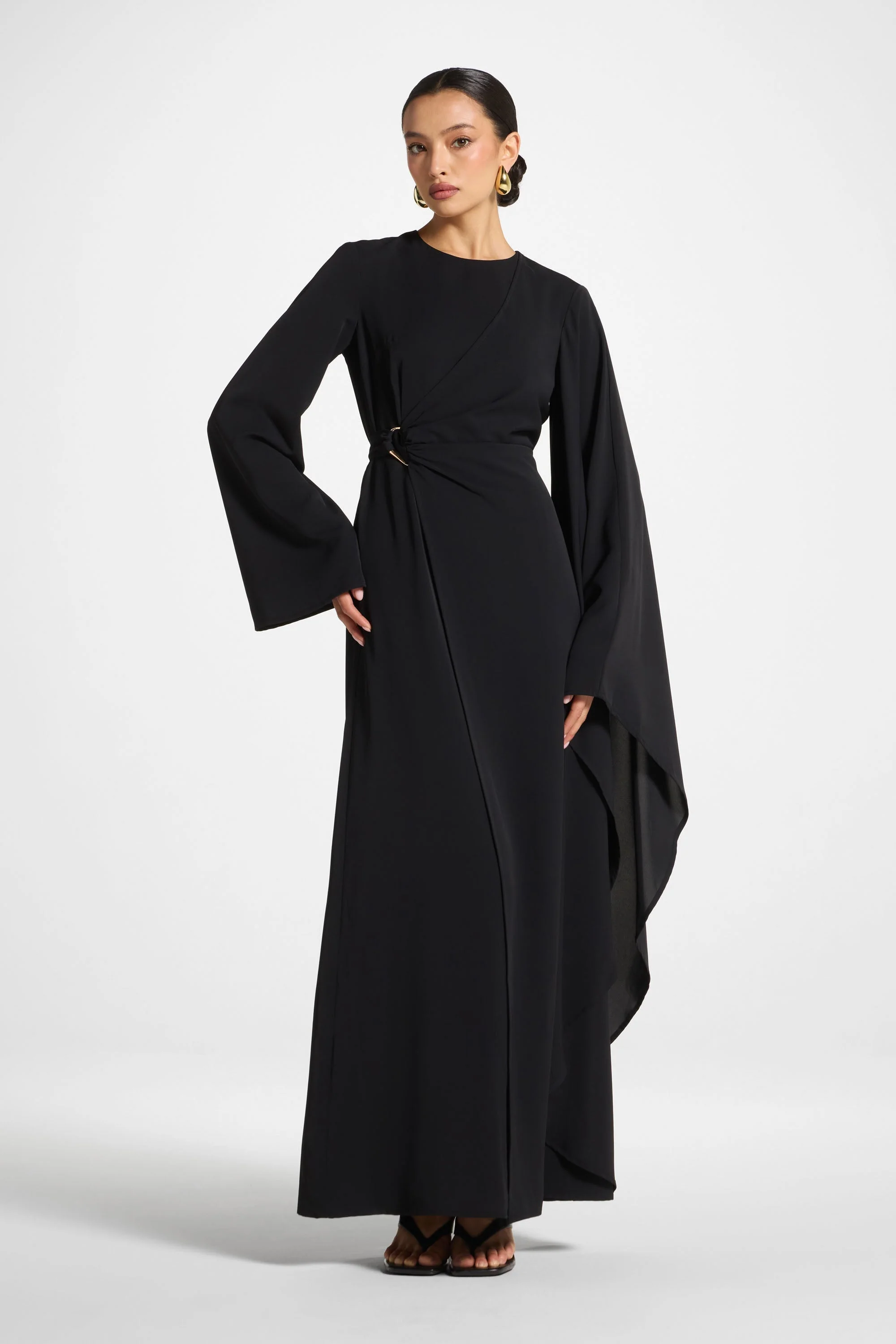 Asymmetric Sleeve Maxi Dress - Black