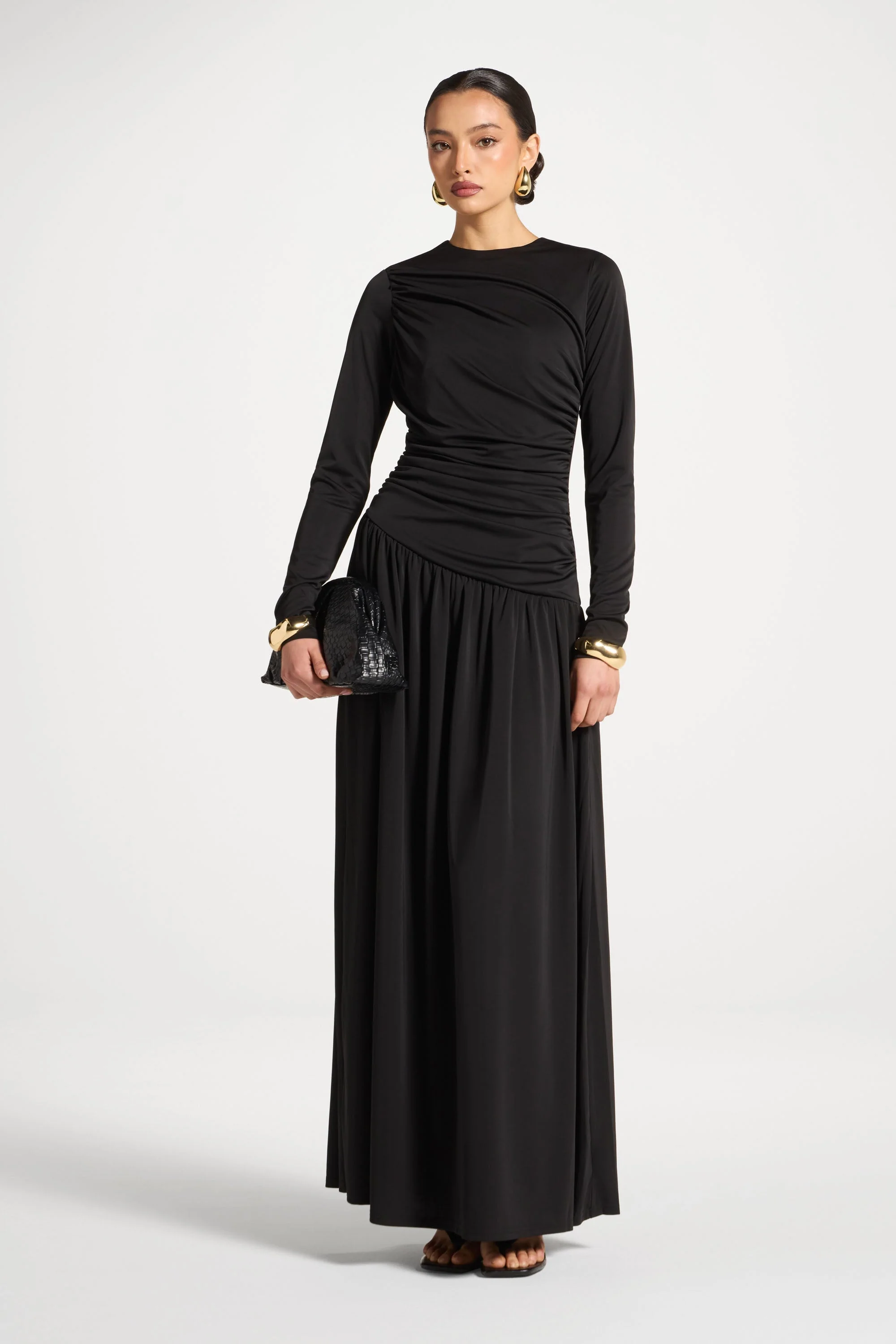 Asymmetrical Waist Rouched Maxi Dress - Black - Image 3