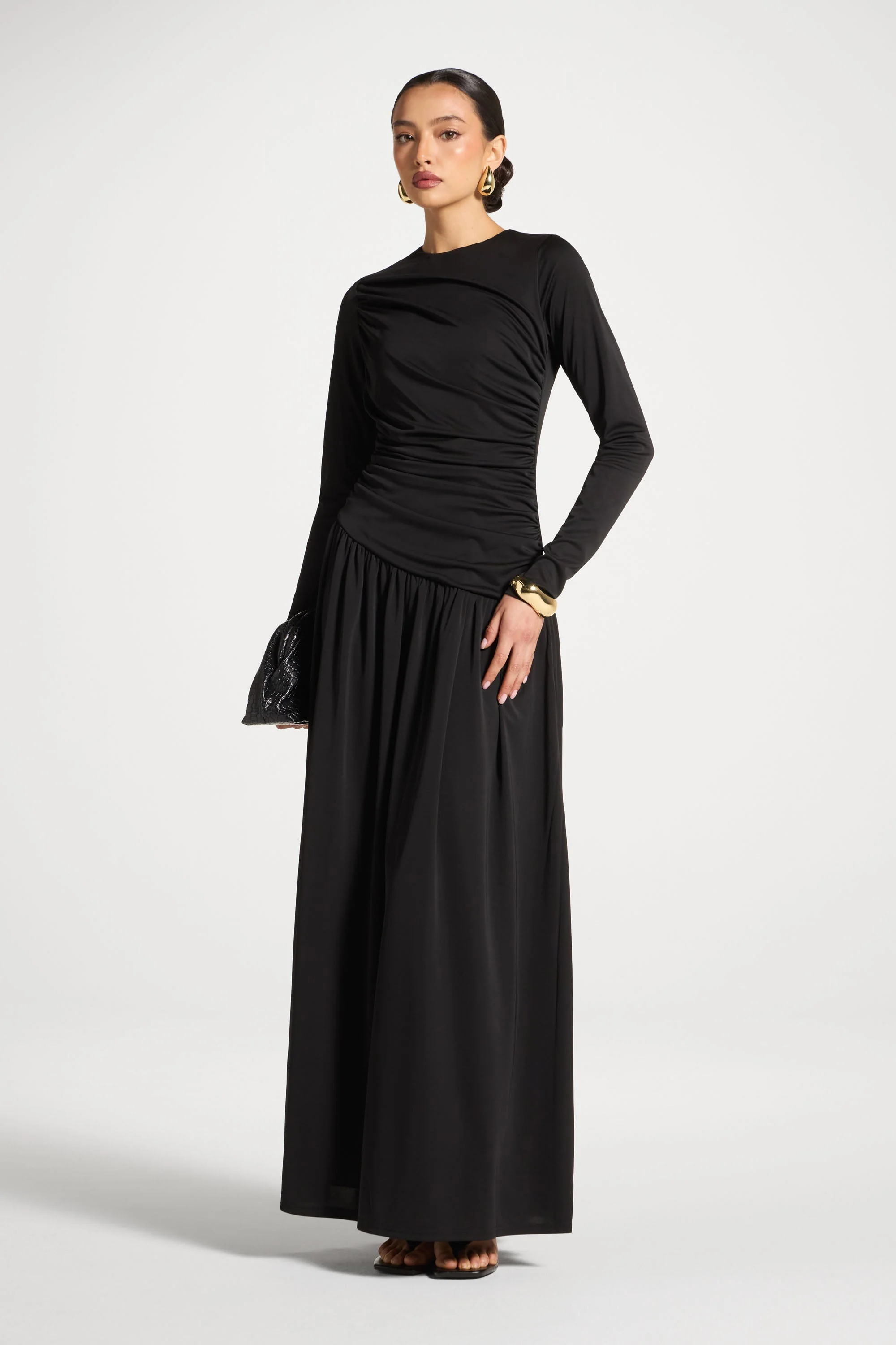 Asymmetrical Waist Rouched Maxi Dress - Black - Image 4