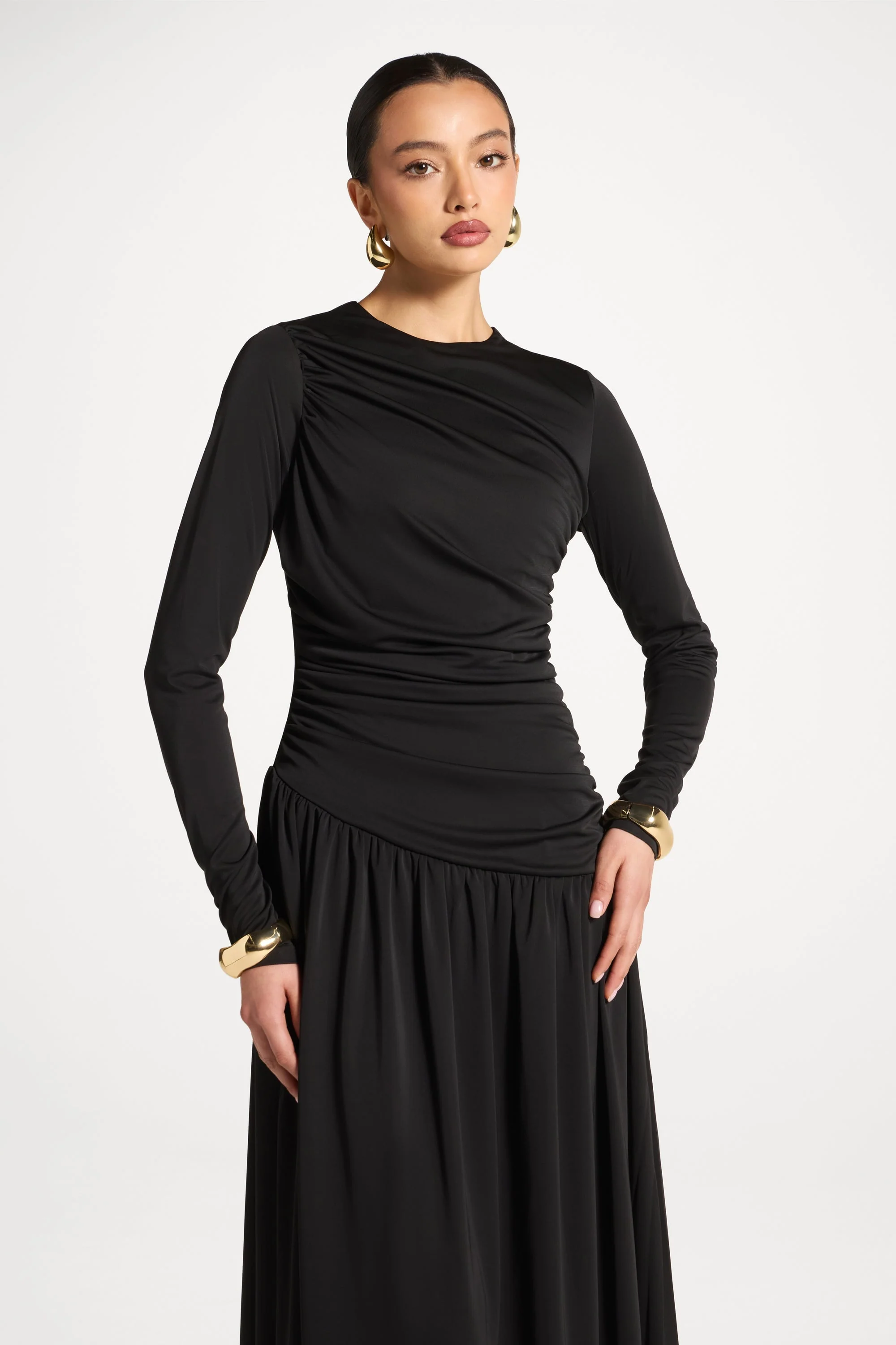 Asymmetrical Waist Rouched Maxi Dress - Black - Image 6