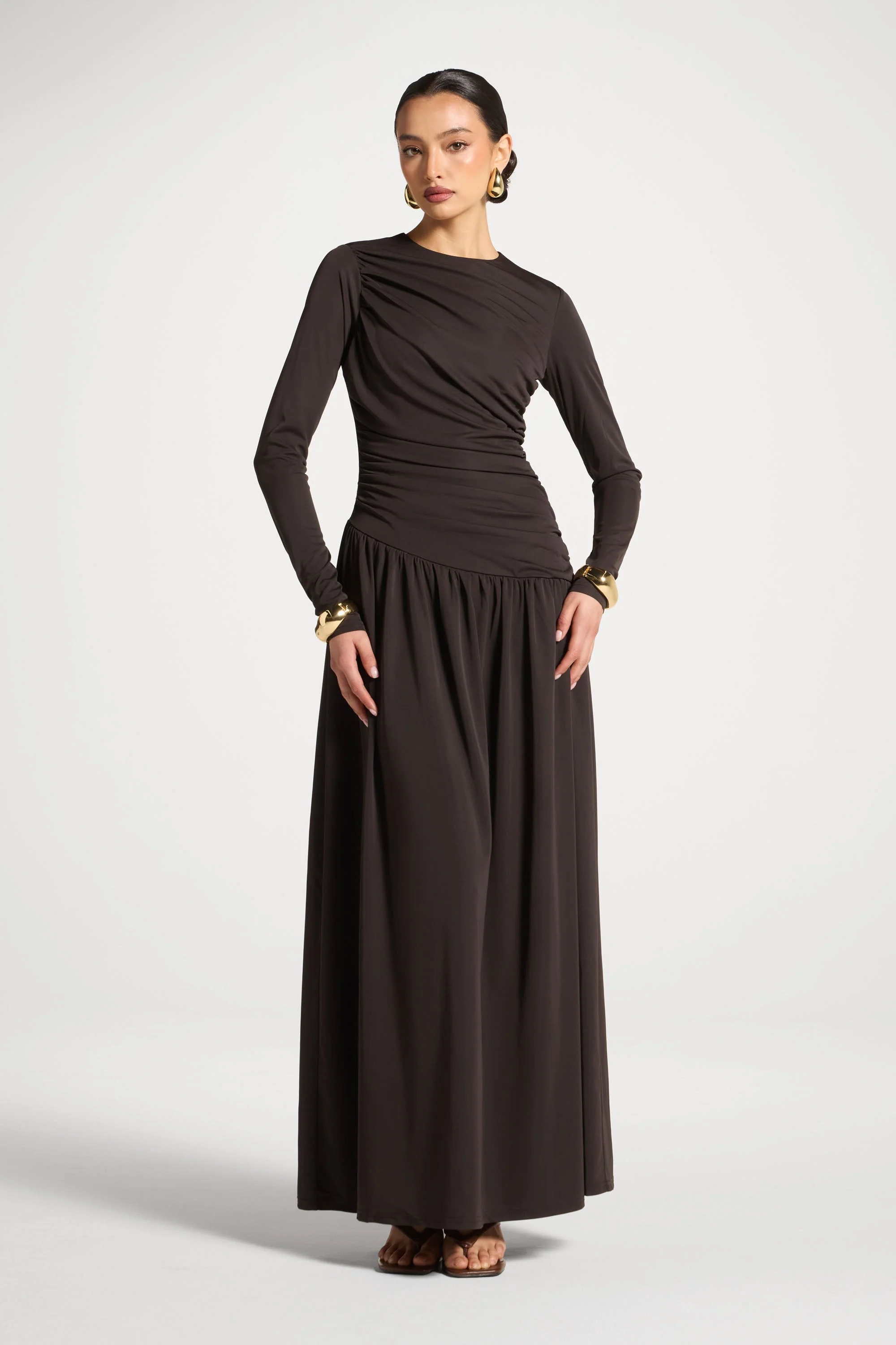 Asymmetrical Waist Rouched Maxi Dress - Chocolate