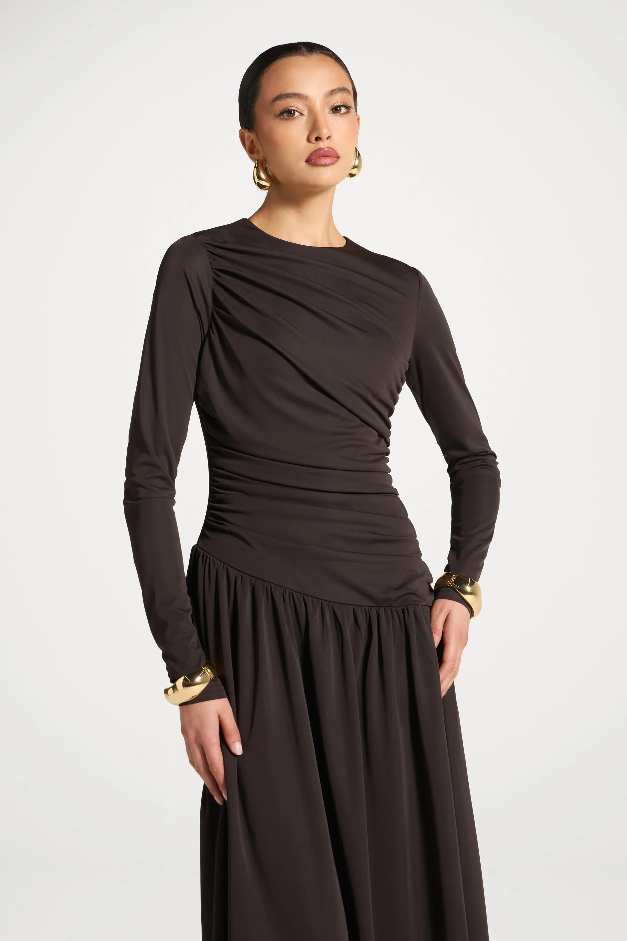 Asymmetrical Waist Rouched Maxi Dress - Chocolate - Image 2