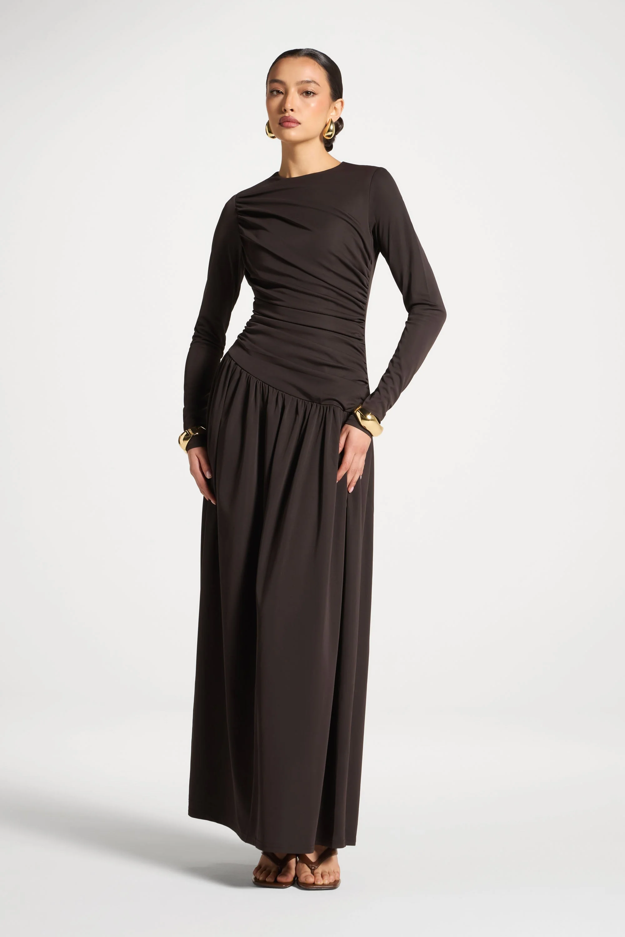 Asymmetrical Waist Rouched Maxi Dress - Chocolate - Image 3