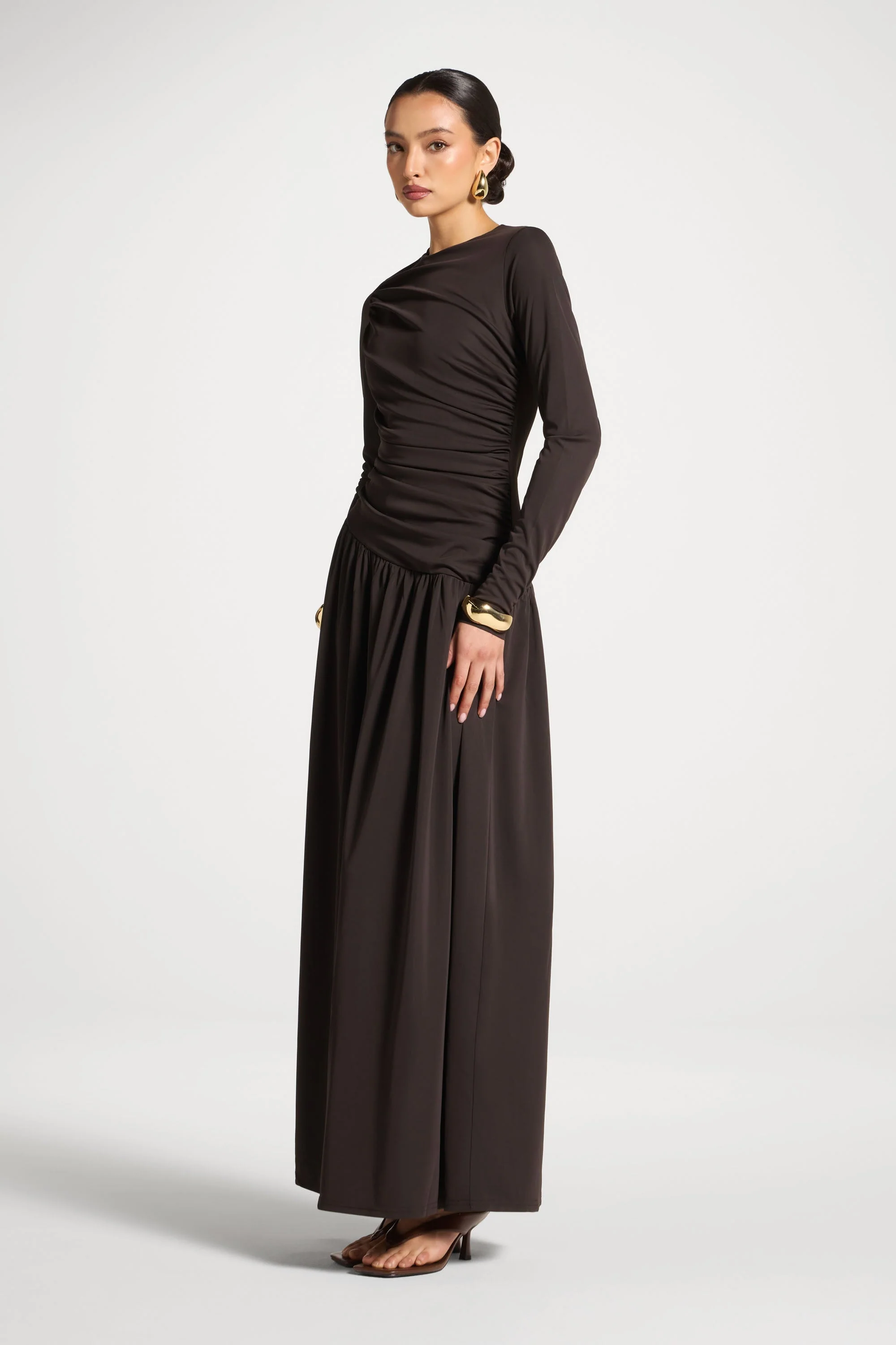 Asymmetrical Waist Rouched Maxi Dress - Chocolate - Image 4