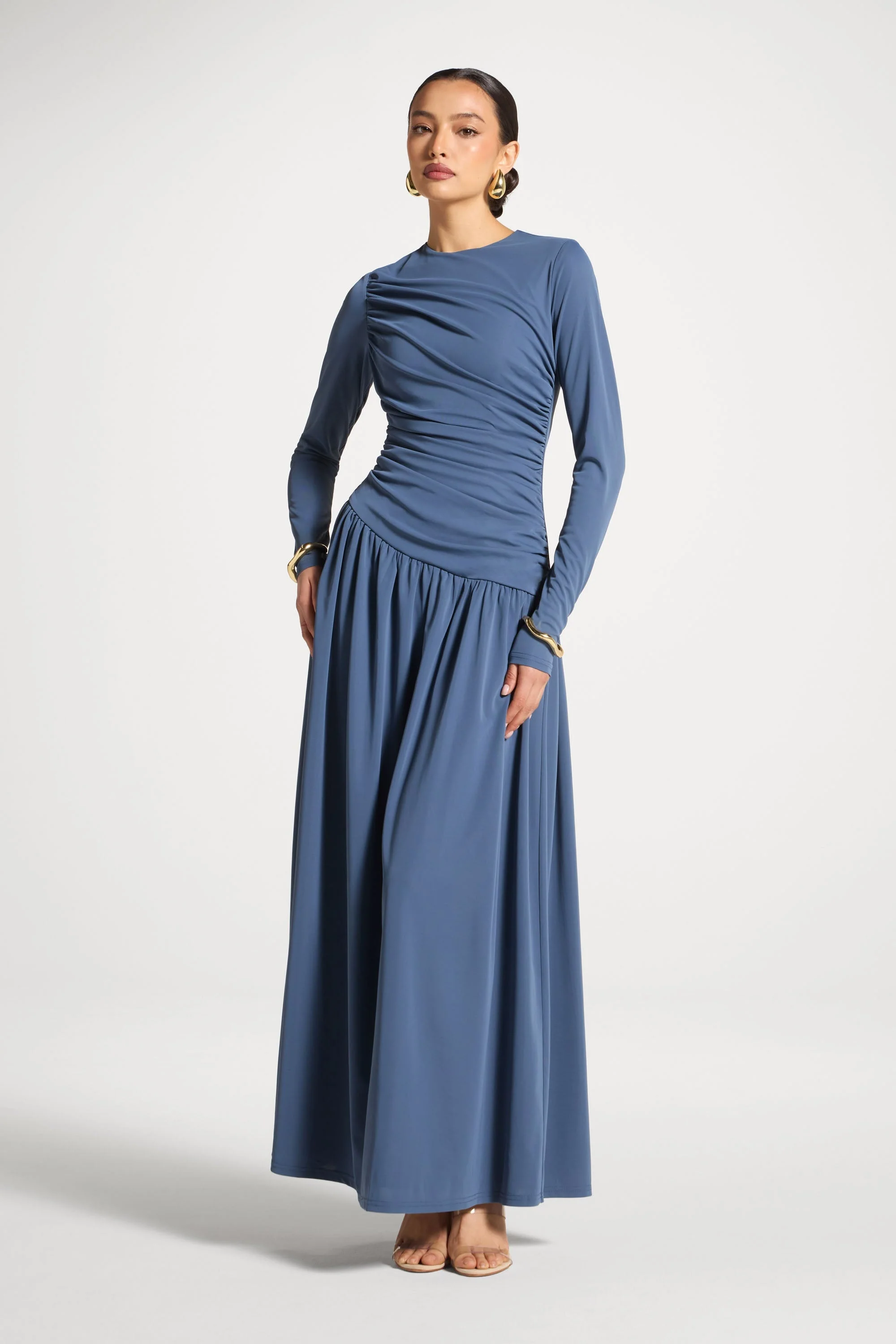 Asymmetrical Waist Rouched Maxi Dress - Indigo