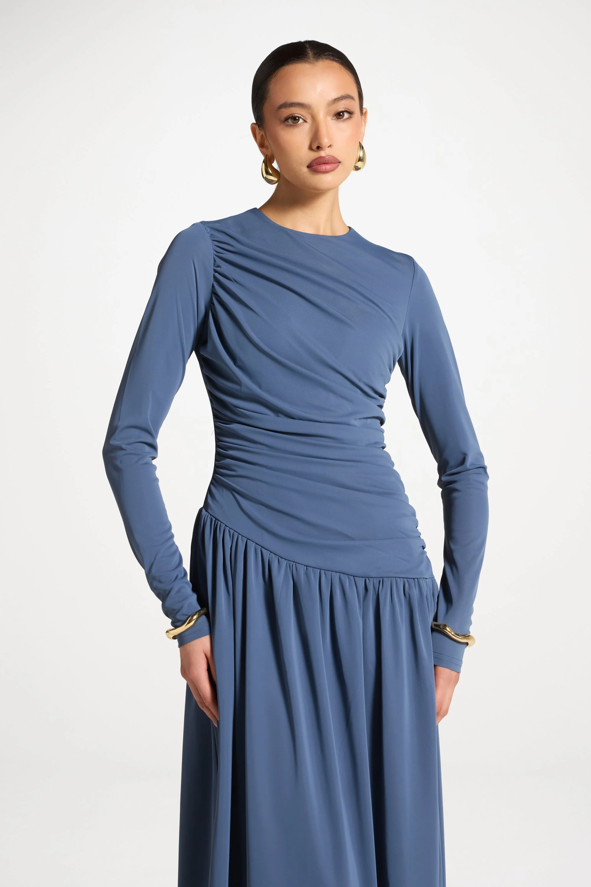Asymmetrical Waist Rouched Maxi Dress - Indigo - Image 2