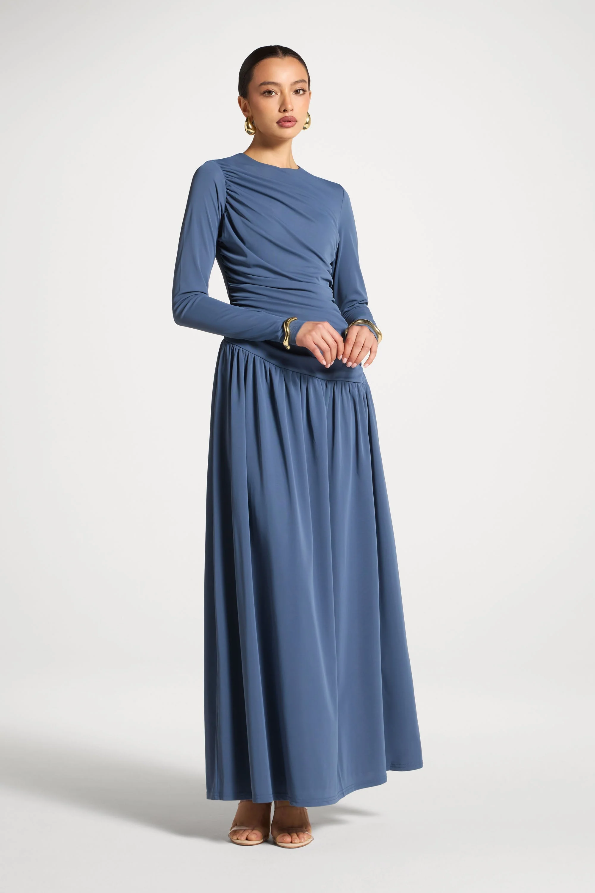 Asymmetrical Waist Rouched Maxi Dress - Indigo - Image 3