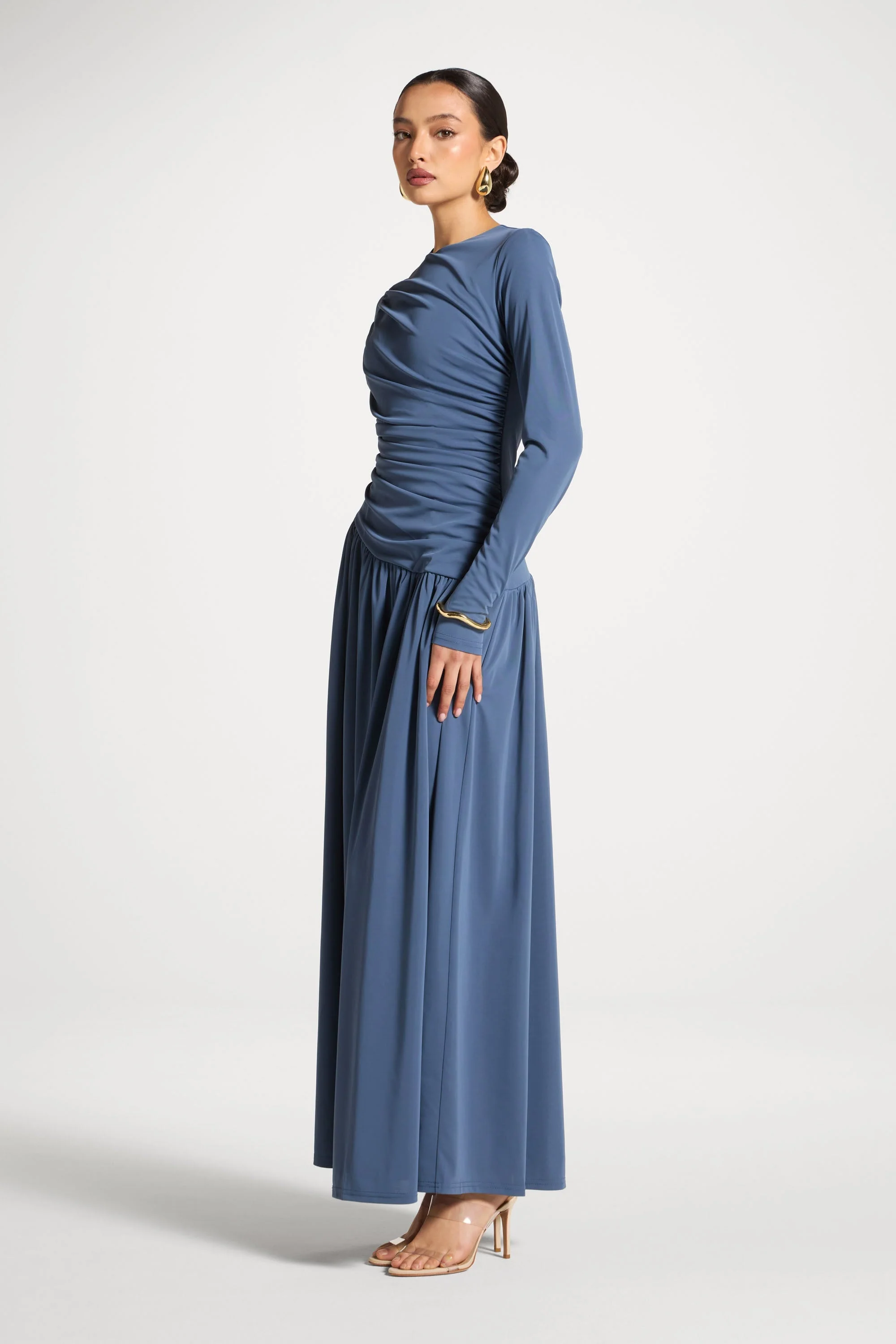 Asymmetrical Waist Rouched Maxi Dress - Indigo - Image 4