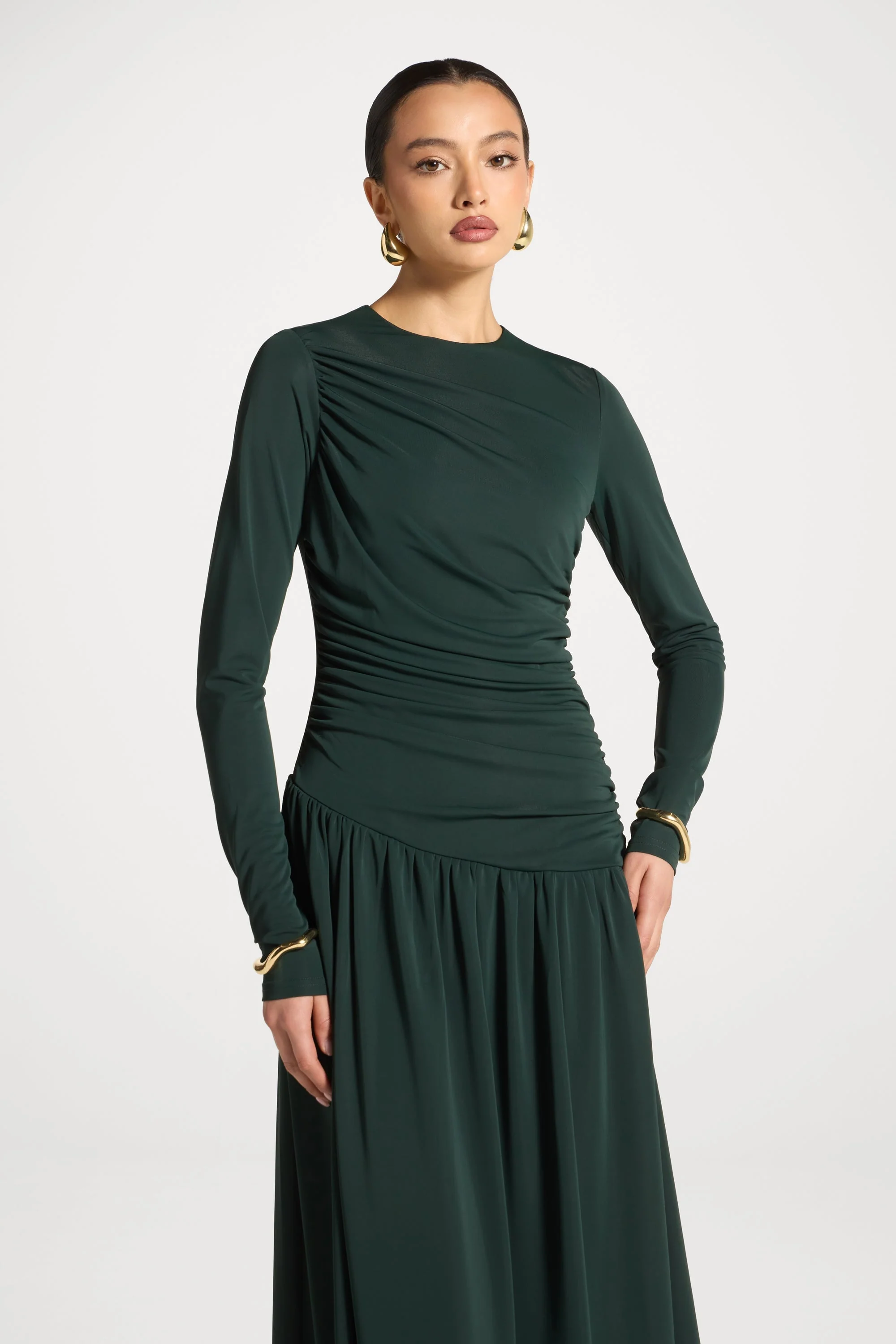 Asymmetrical Waist Rouched Maxi Dress - Emerald - Image 3
